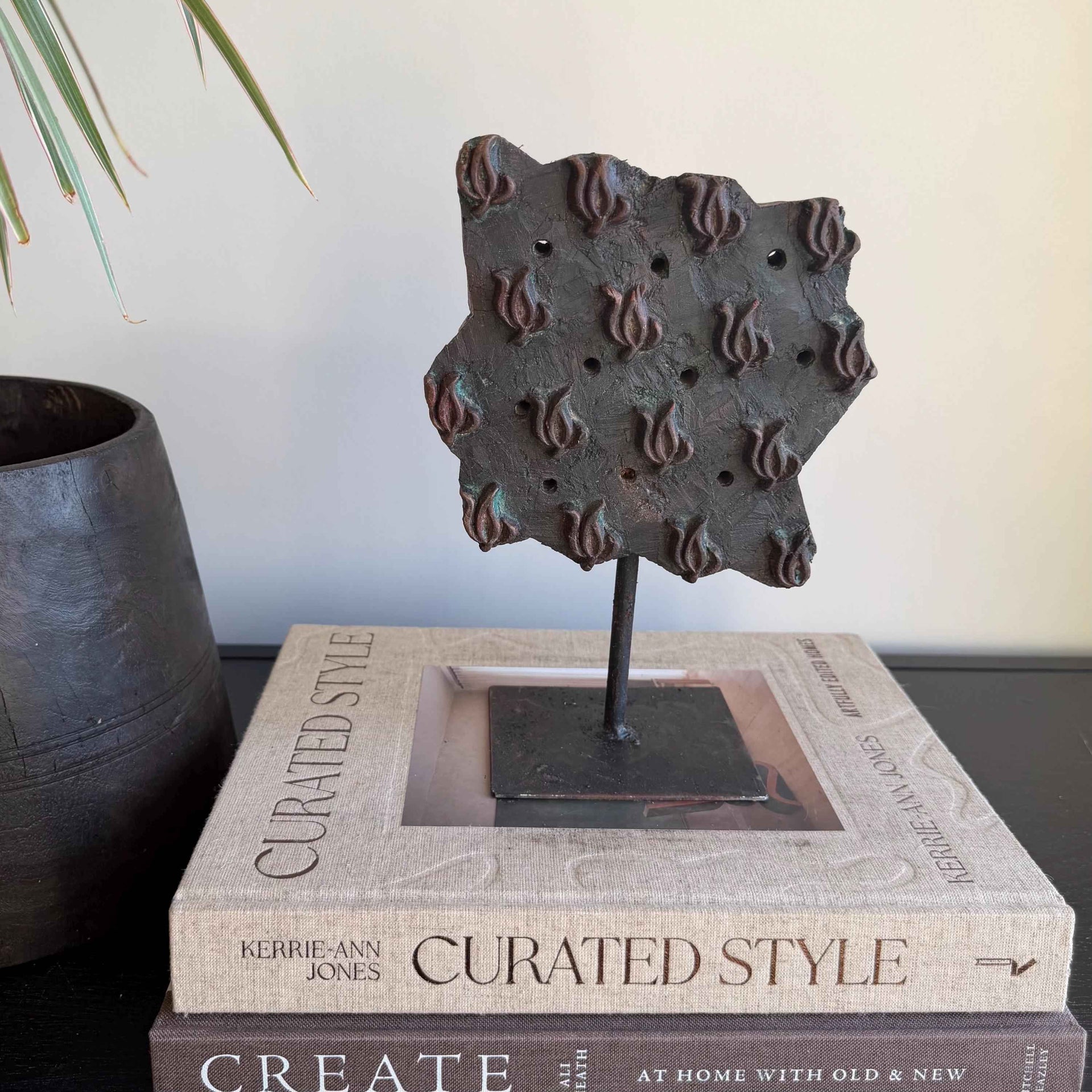 Vintage Wooden Printing Stamp on Iron Stand, Fabric/Textile Print Tool