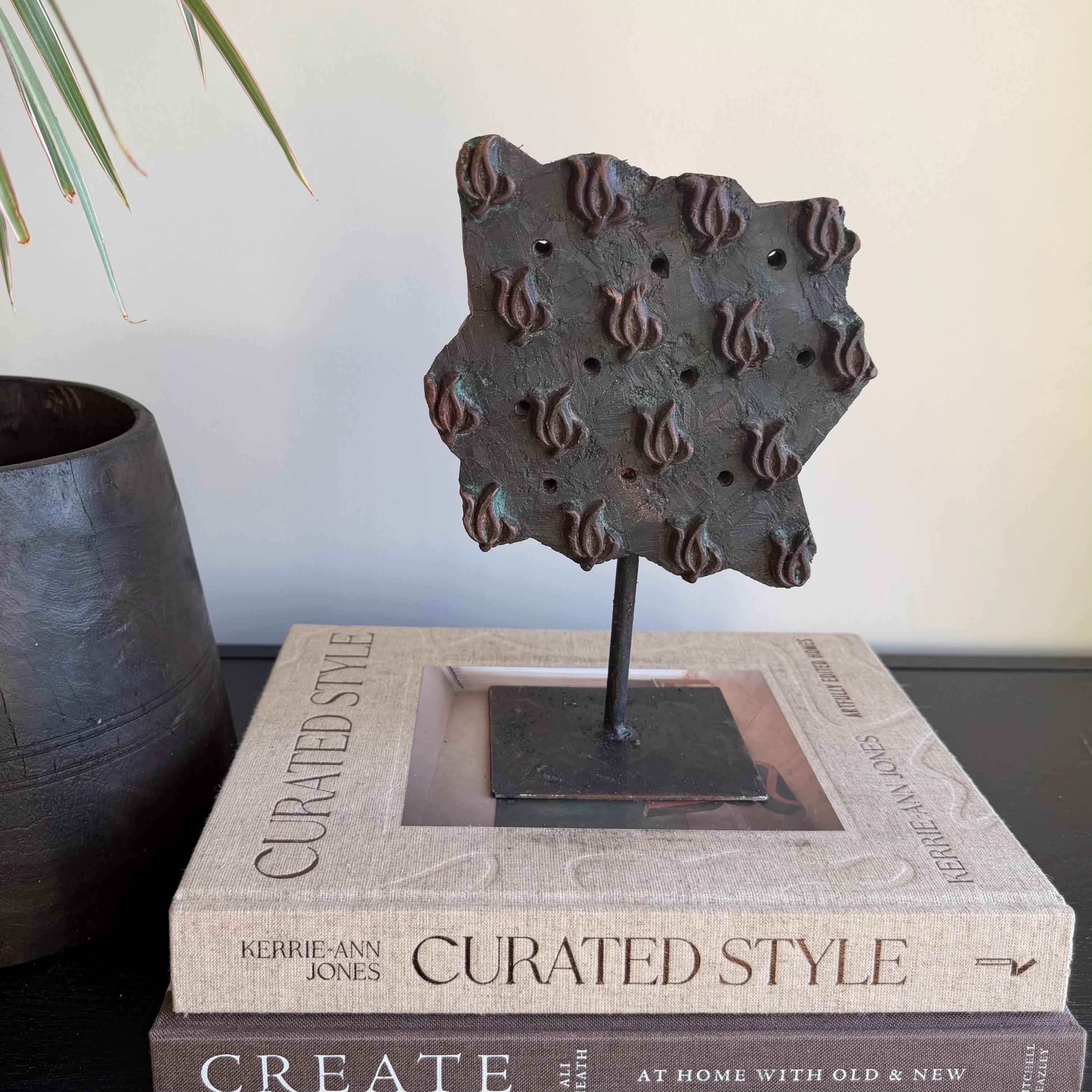 Vintage Wooden Printing Stamp on Iron Stand, Fabric/Textile Print Tool