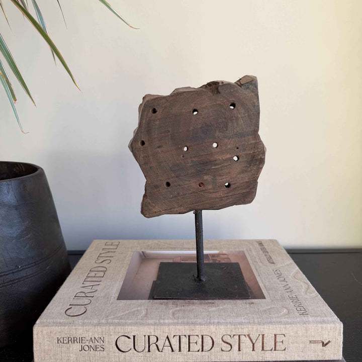 Vintage Wooden Printing Stamp on Iron Stand, Fabric/Textile Print Tool