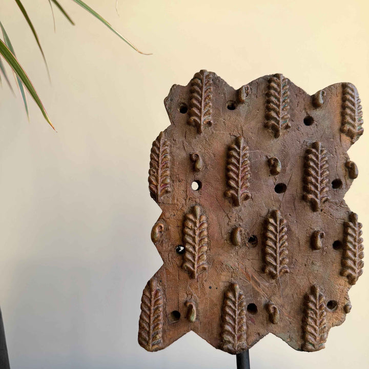 Vintage Wooden Printing Stamp on Iron Stand, Fabric/Textile Print Tool