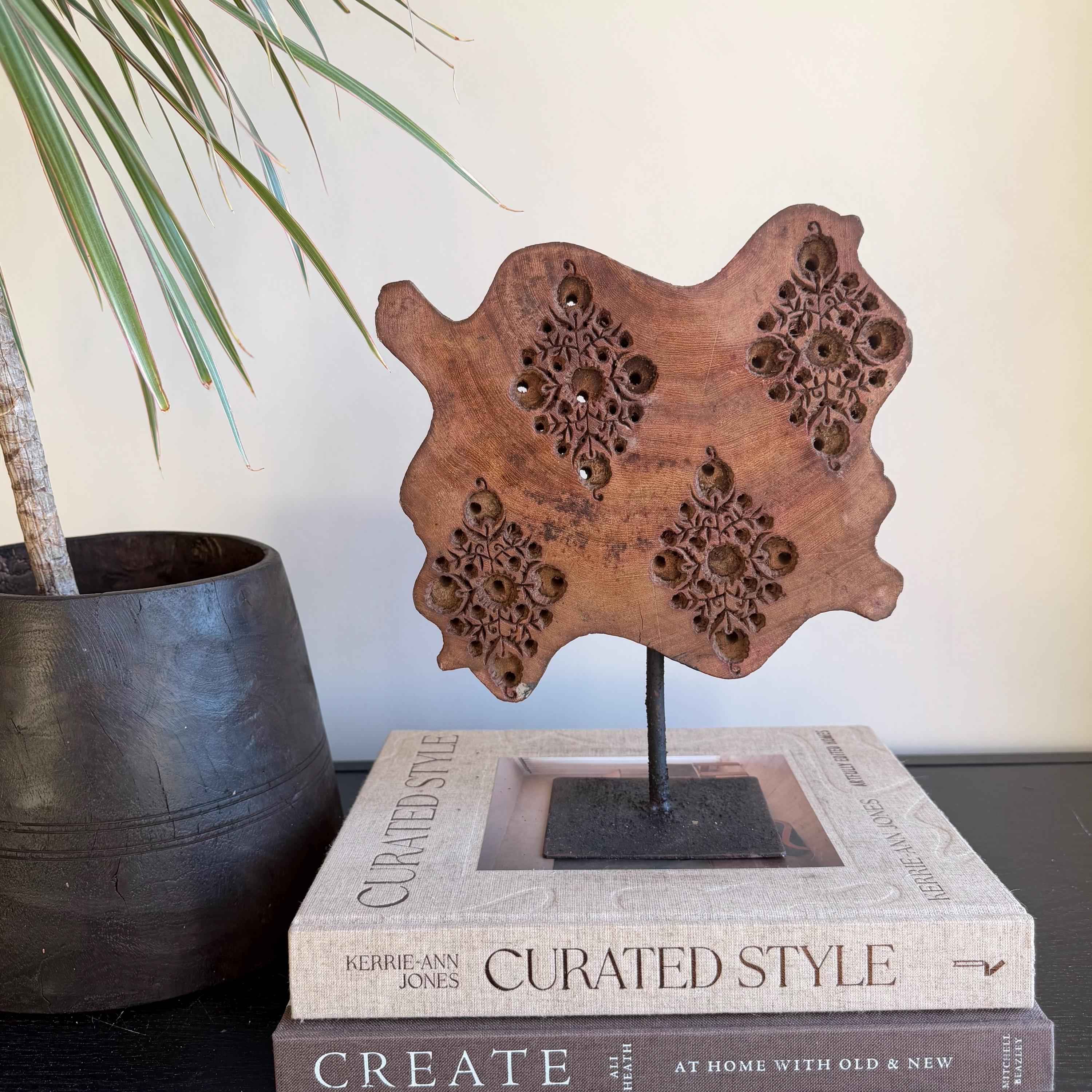 Vintage Wooden Printing Stamp on Iron Stand, Fabric/Textile Print Tool