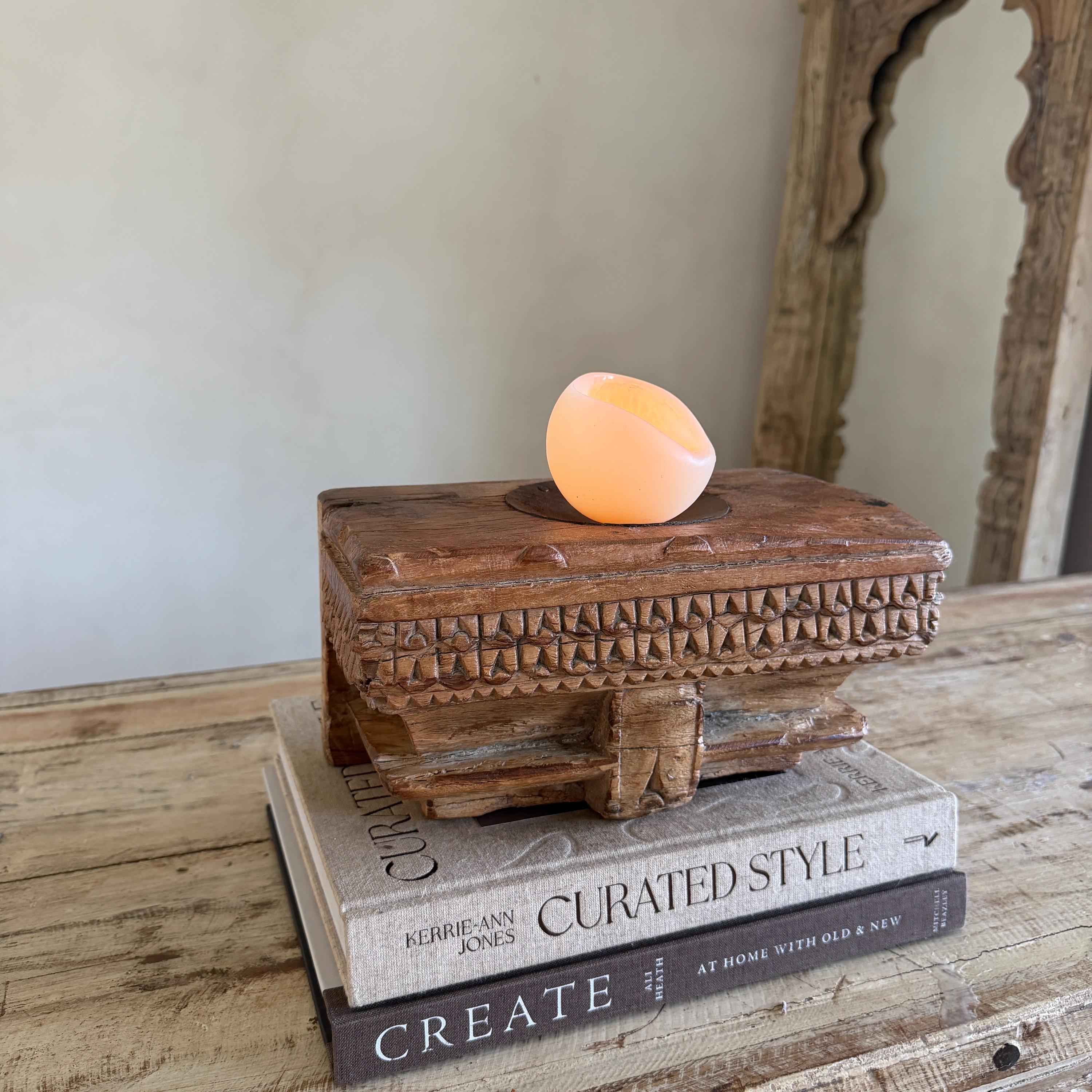 Vintage Teak Palace Capital Candle Holder | Hand-Carved Royal Relic