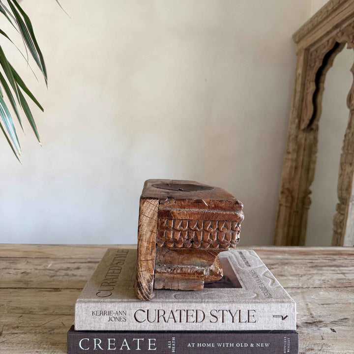 Vintage Teak Palace Capital Candle Holder | Hand-Carved Royal Relic