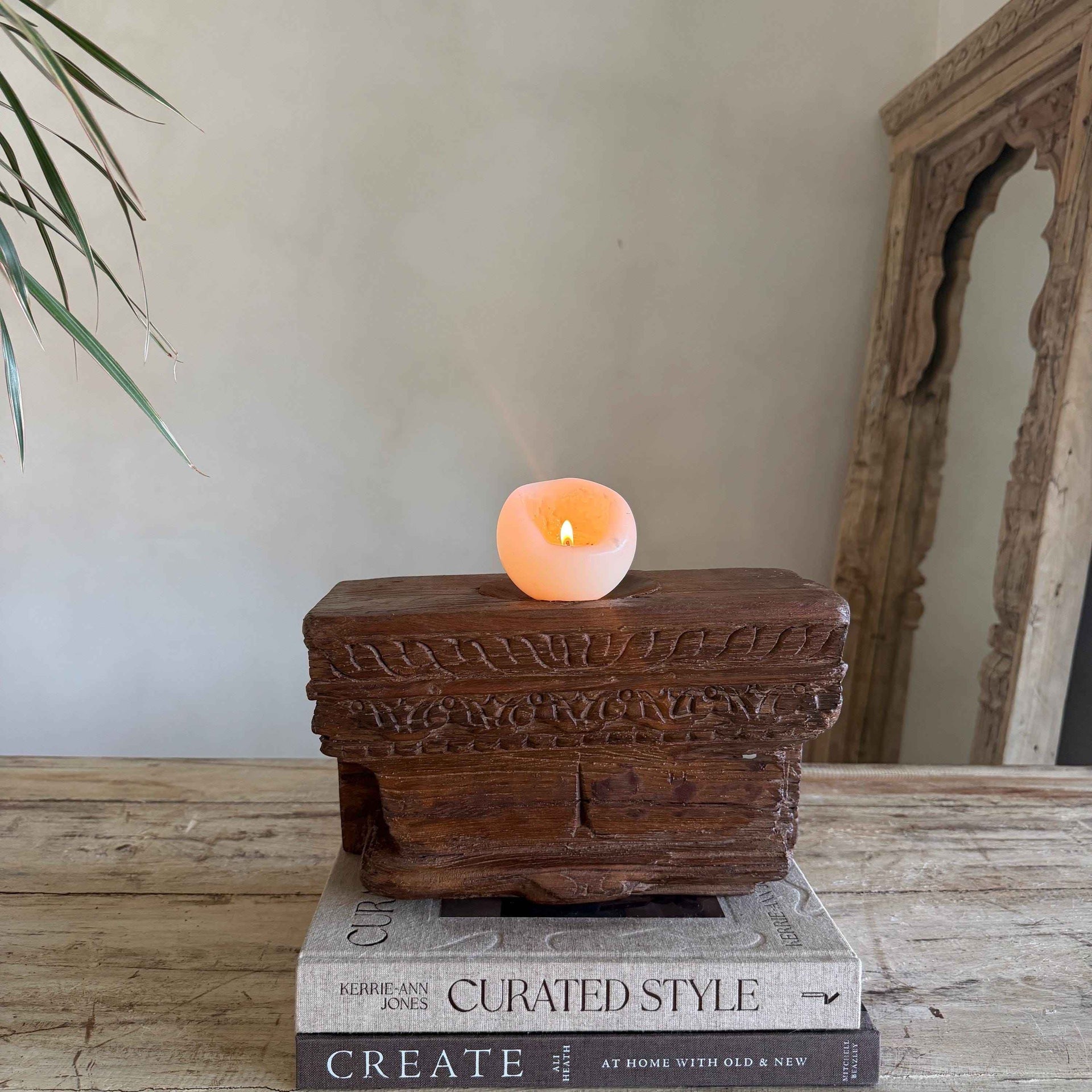 Vintage Teak Palace Capital Candle Holder | Hand-Carved Royal Relic