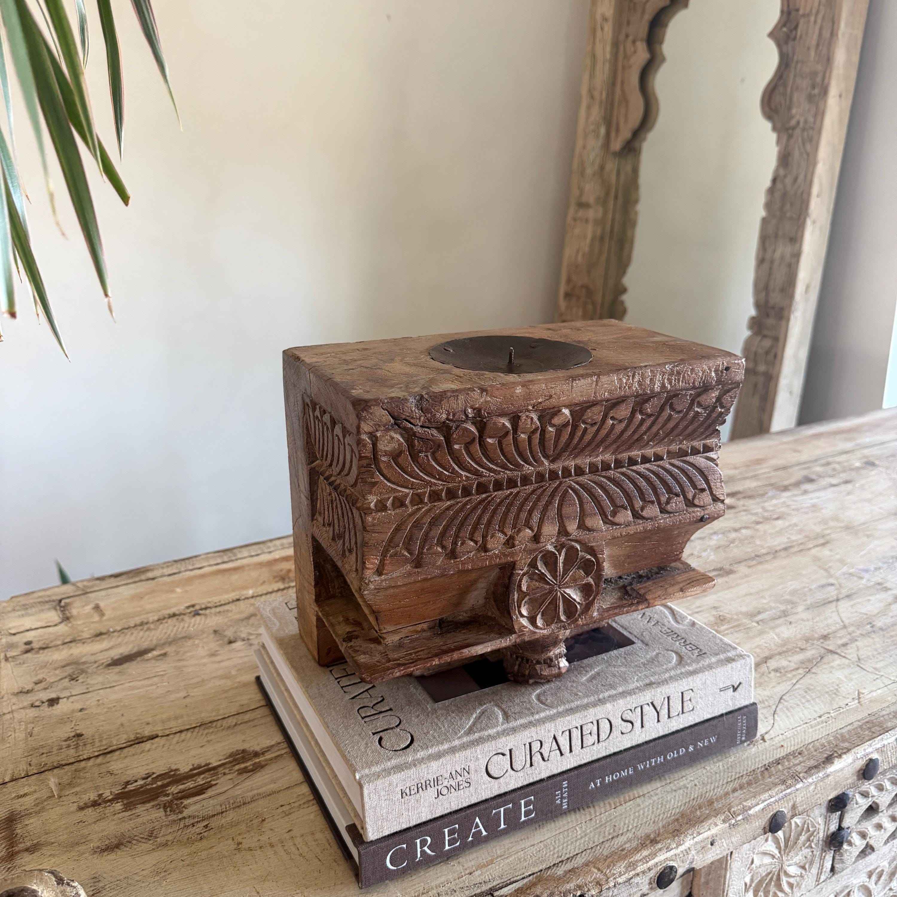 Vintage Teak Palace Capital Candle Holder | Hand-Carved Royal Relic