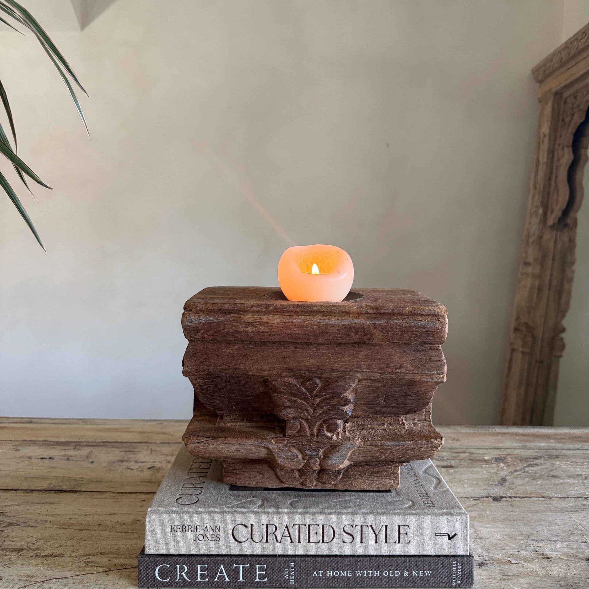 Vintage Teak Palace Capital Candle Holder | Hand-Carved Royal Relic