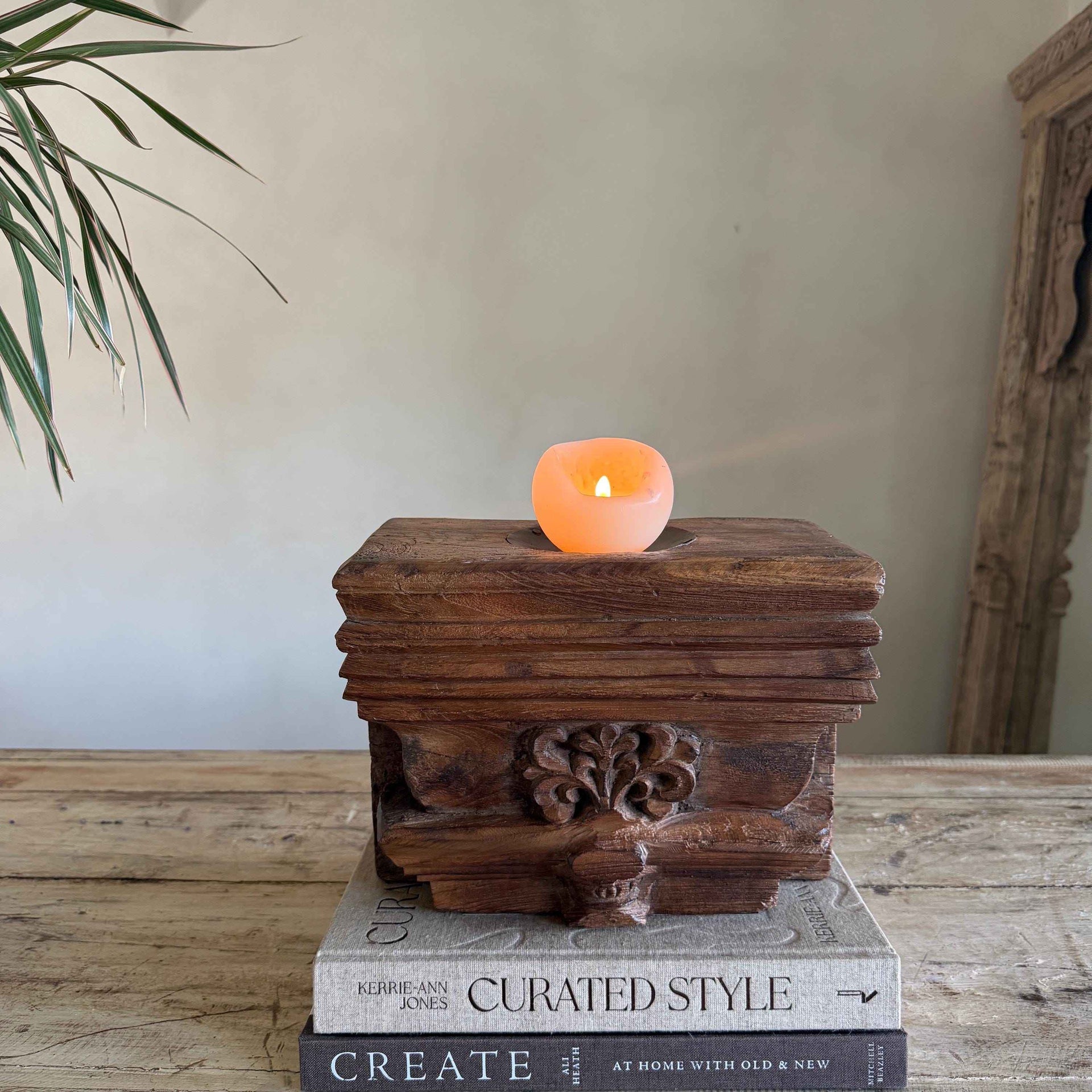 Vintage Teak Palace Capital Candle Holder | Hand-Carved Royal Relic