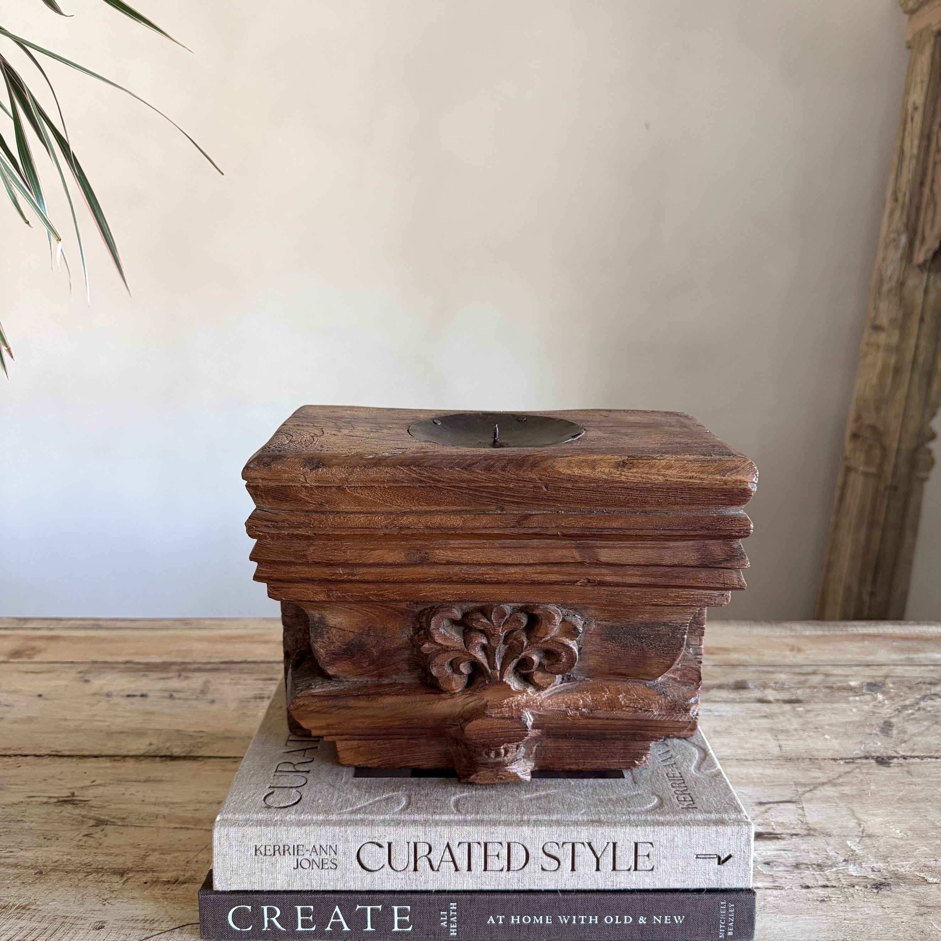 Vintage Teak Palace Capital Candle Holder | Hand-Carved Royal Relic