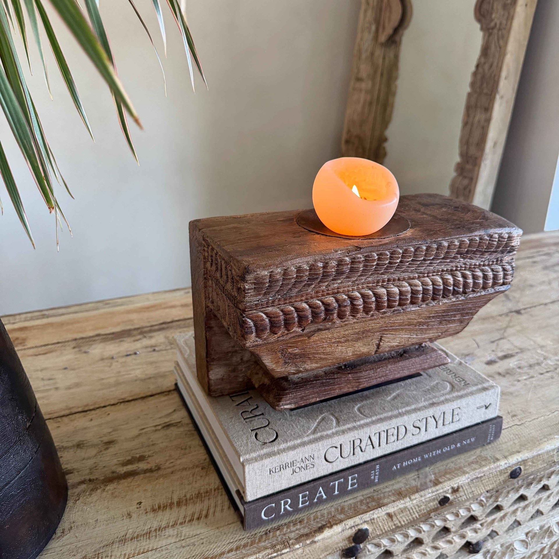 Vintage Teak Palace Capital Candle Holder | Hand-Carved Royal Relic