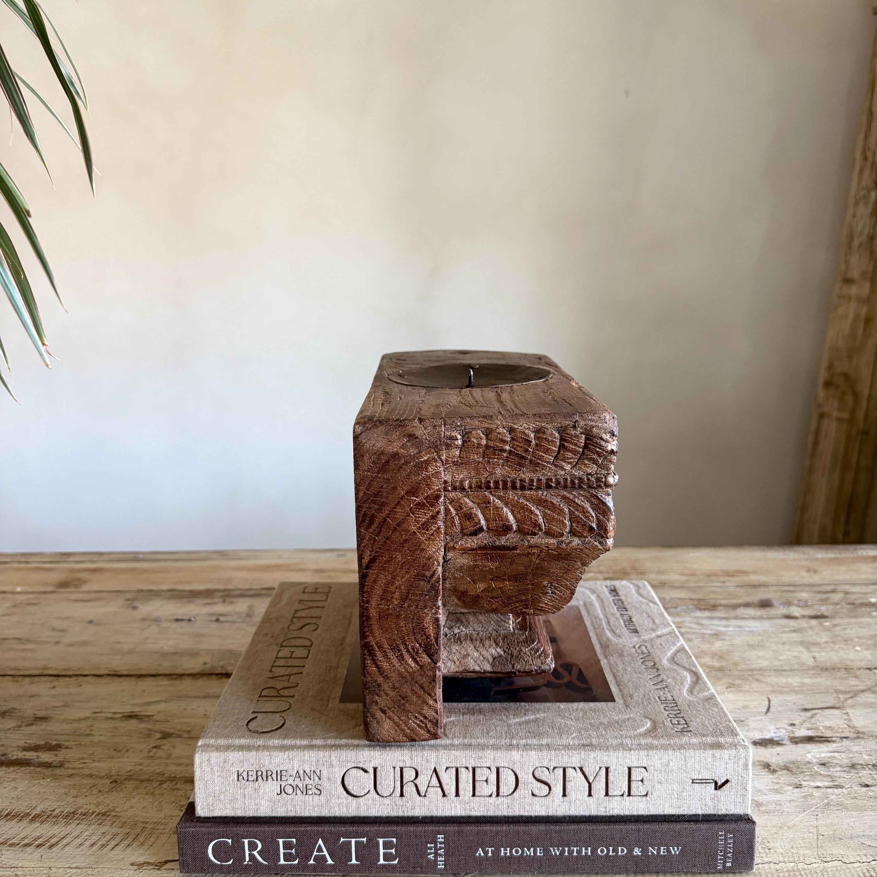 Vintage Teak Palace Capital Candle Holder | Hand-Carved Royal Relic