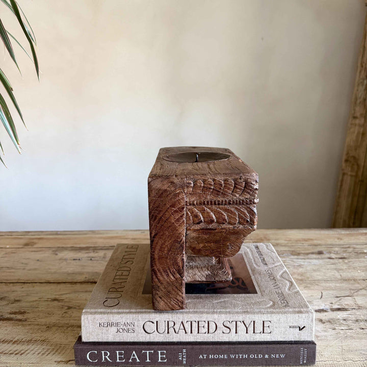 Vintage Teak Palace Capital Candle Holder | Hand-Carved Royal Relic