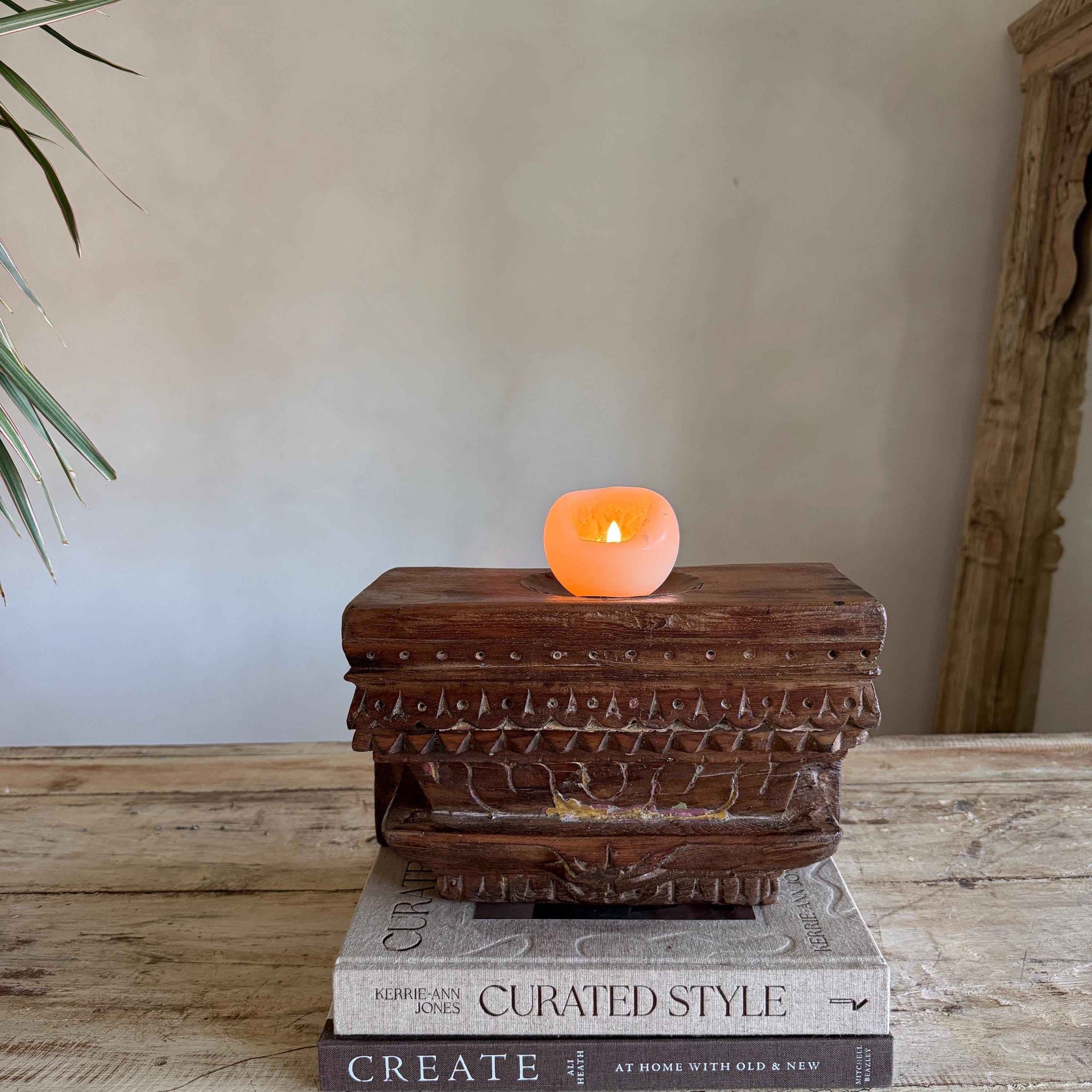 Vintage Teak Palace Capital Candle Holder | Hand-Carved Royal Relic
