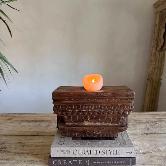 Vintage Teak Palace Capital Candle Holder | Hand-Carved Royal Relic