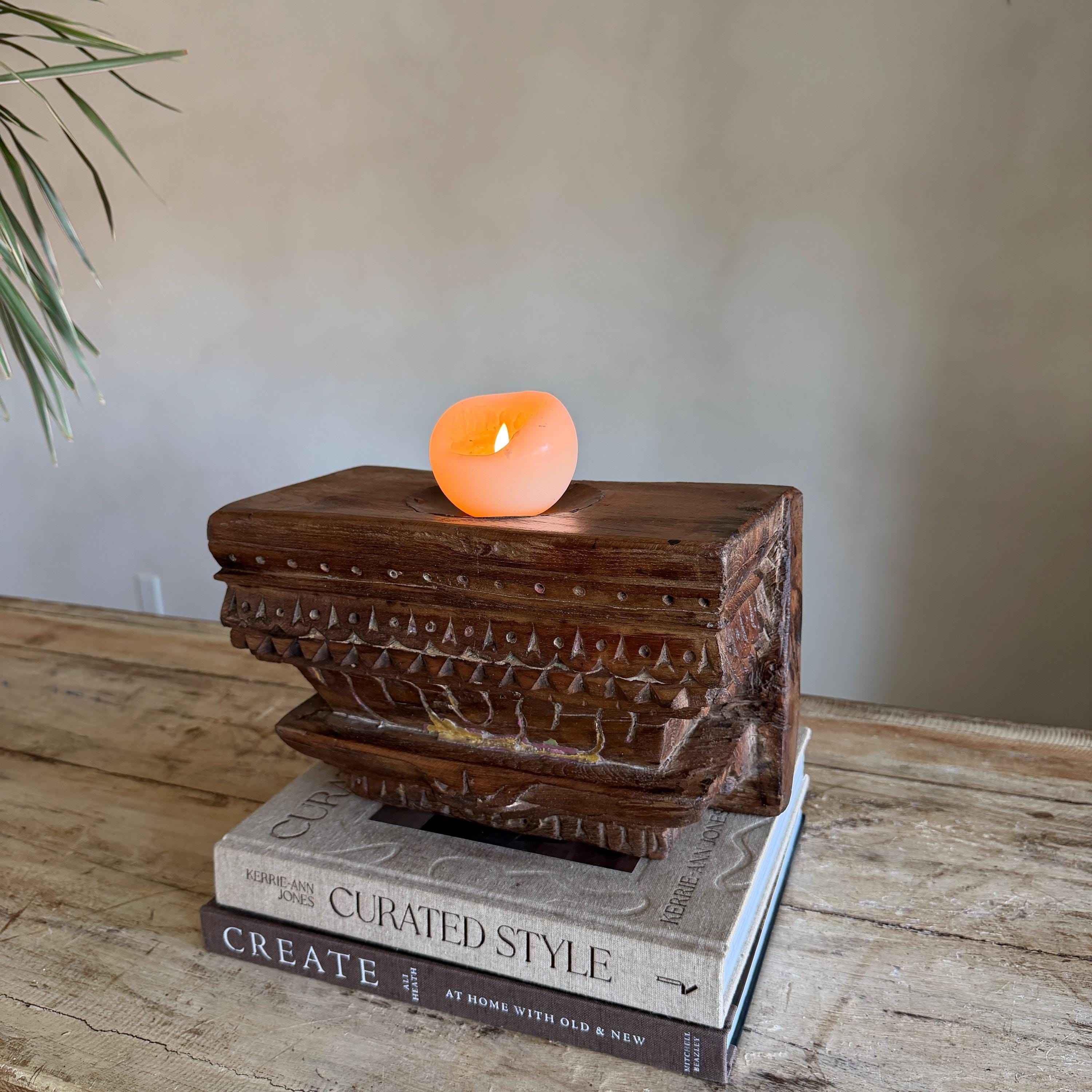 Vintage Teak Palace Capital Candle Holder | Hand-Carved Royal Relic