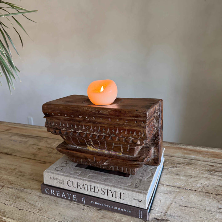 Vintage Teak Palace Capital Candle Holder | Hand-Carved Royal Relic