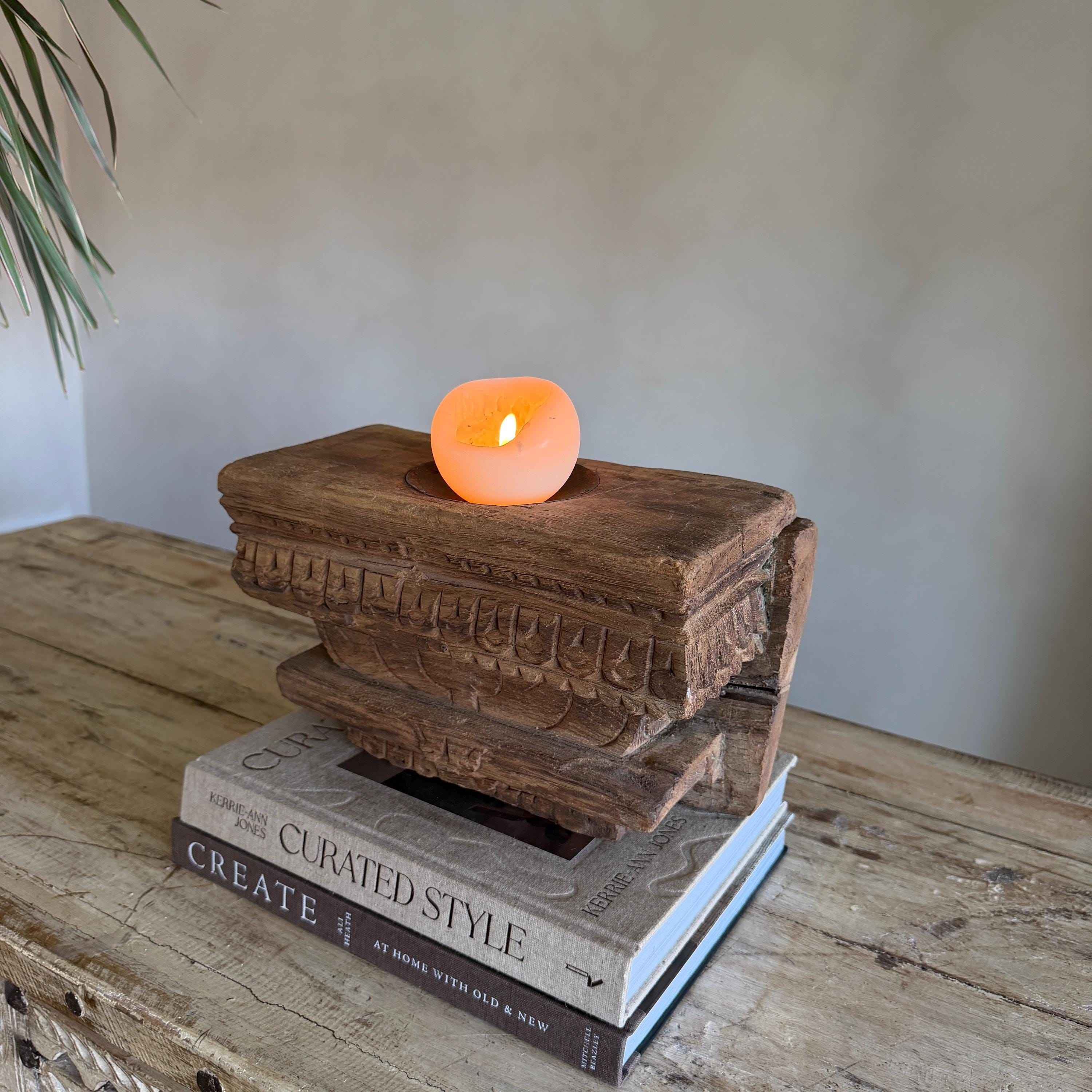 Vintage Teak Palace Capital Candle Holder | Hand-Carved Royal Relic