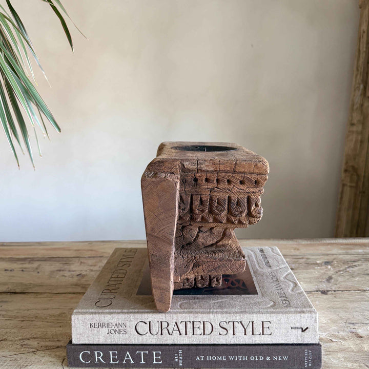 Vintage Teak Palace Capital Candle Holder | Hand-Carved Royal Relic
