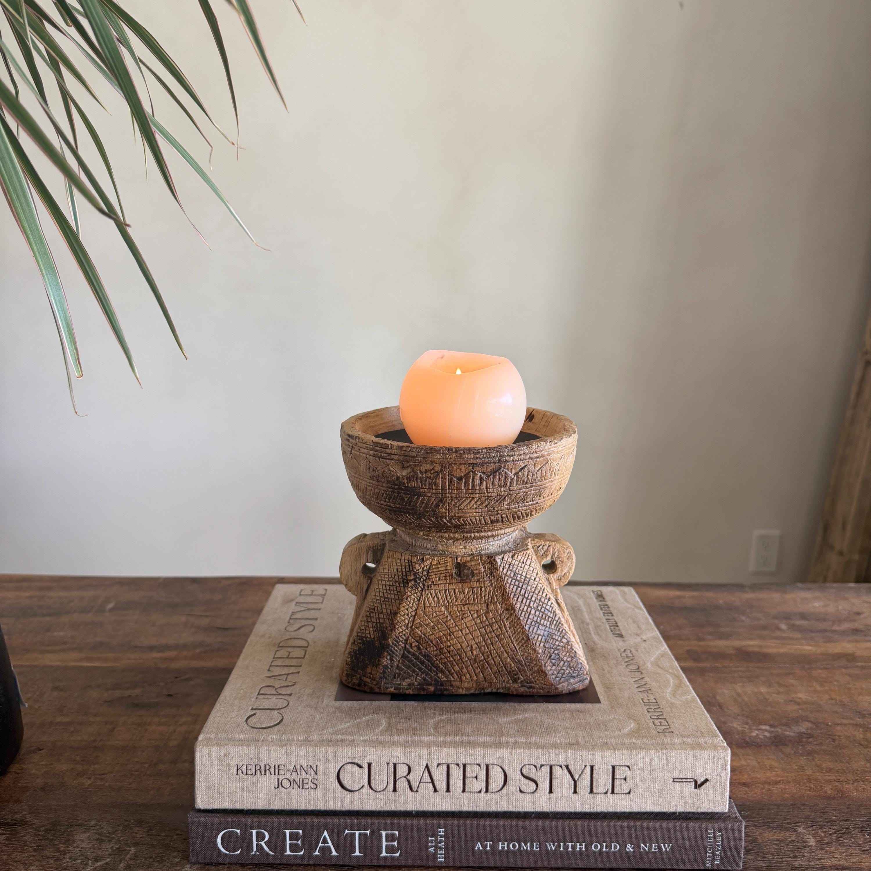 Vintage Teak Seeder Pillar Candle Holder | Hand-Carved Antique Farm Tool