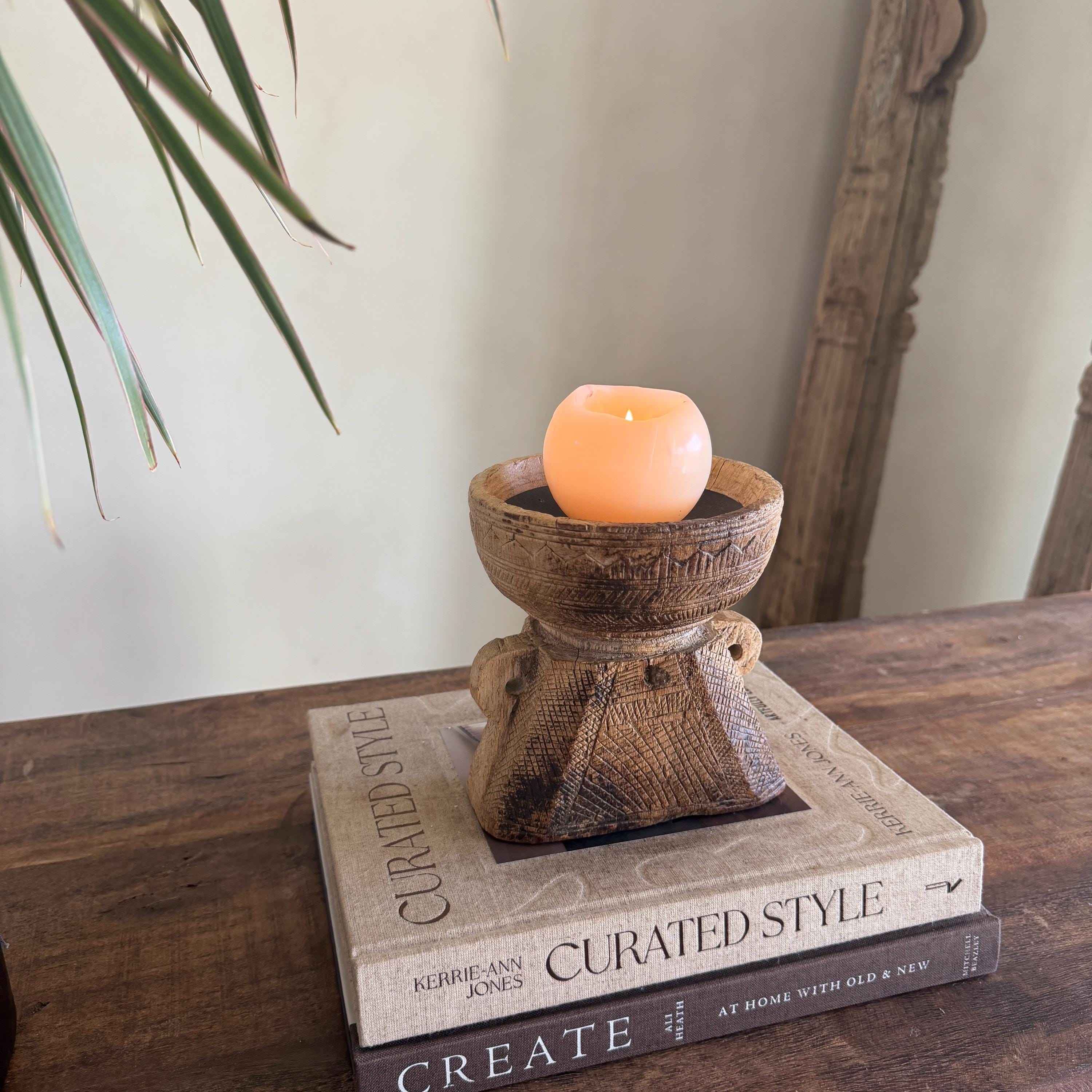 Vintage Teak Seeder Pillar Candle Holder | Hand-Carved Antique Farm Tool