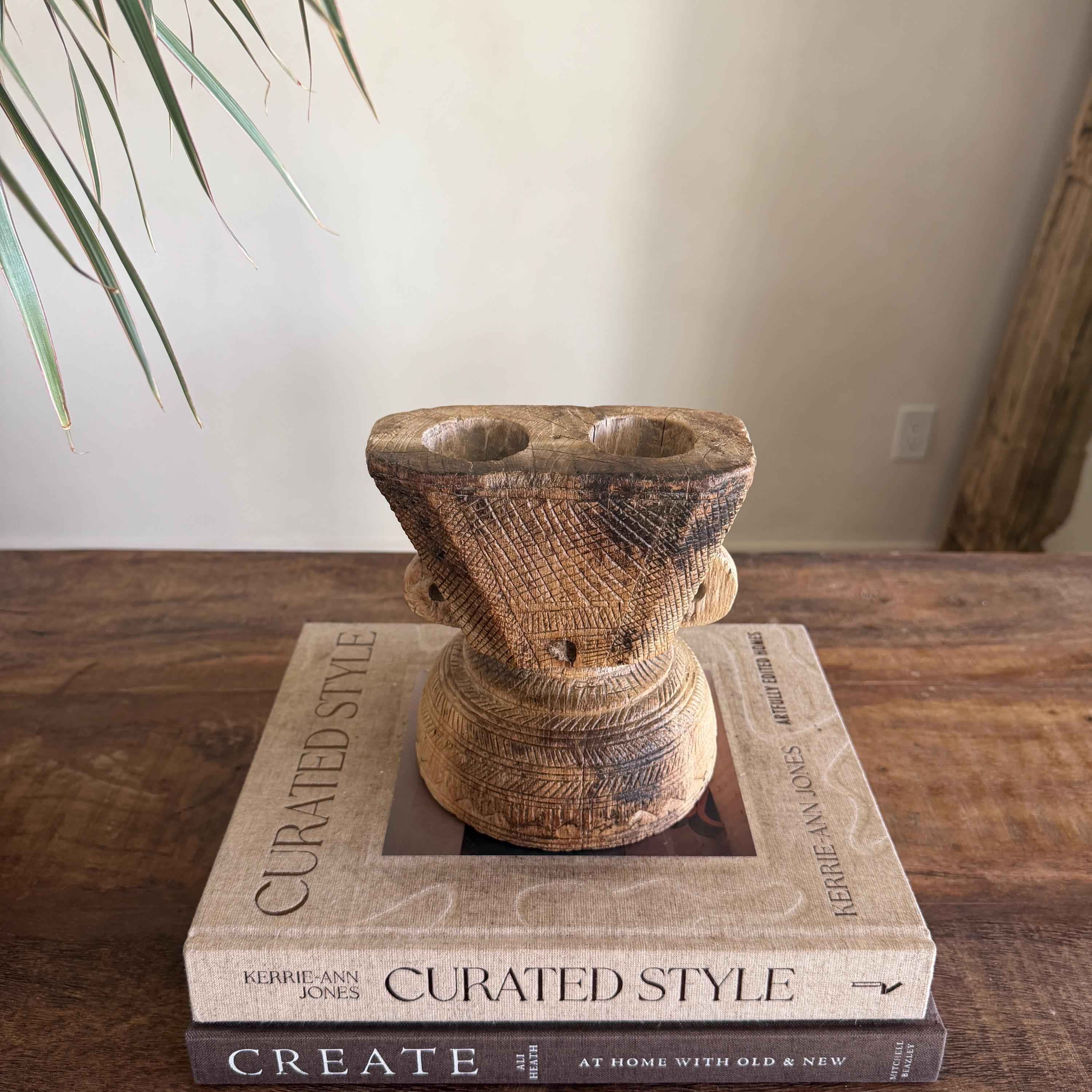 Vintage Teak Seeder Pillar Candle Holder | Hand-Carved Antique Farm Tool