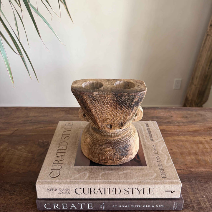 Vintage Teak Seeder Pillar Candle Holder | Hand-Carved Antique Farm Tool