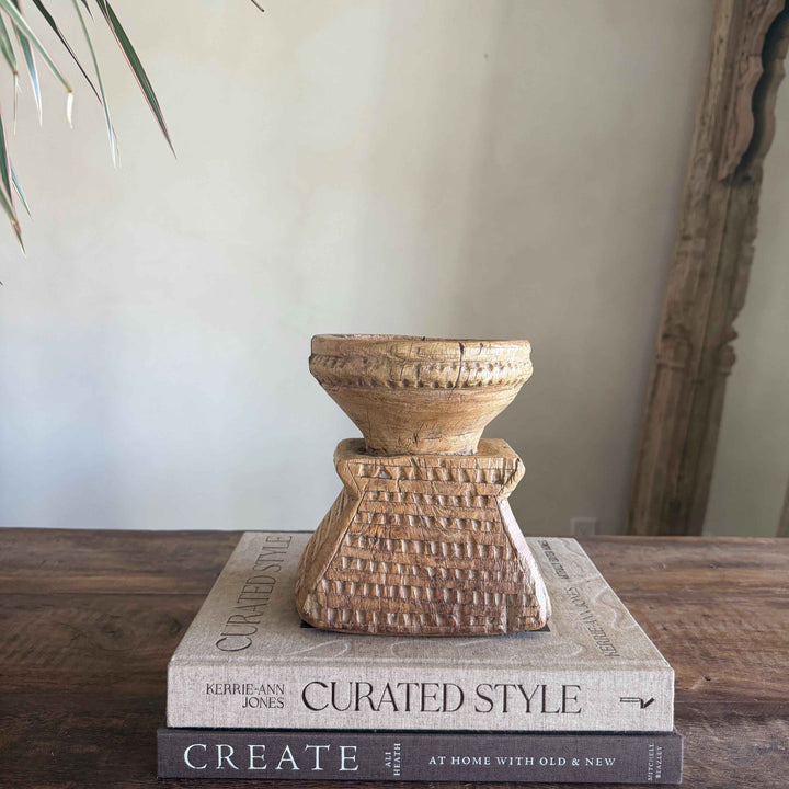 Vintage Teak Seeder Pillar Candle Holder | Hand-Carved Antique Farm Tool