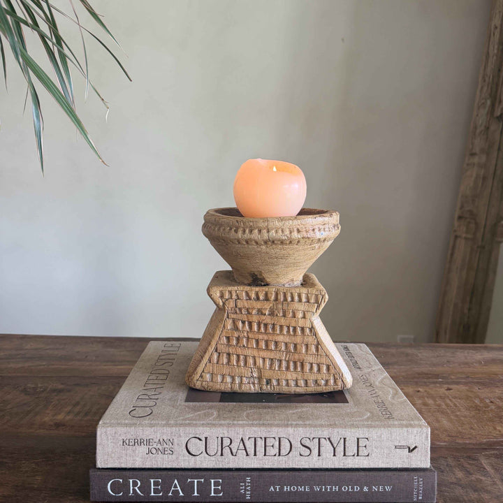 Vintage Teak Seeder Pillar Candle Holder | Hand-Carved Antique Farm Tool