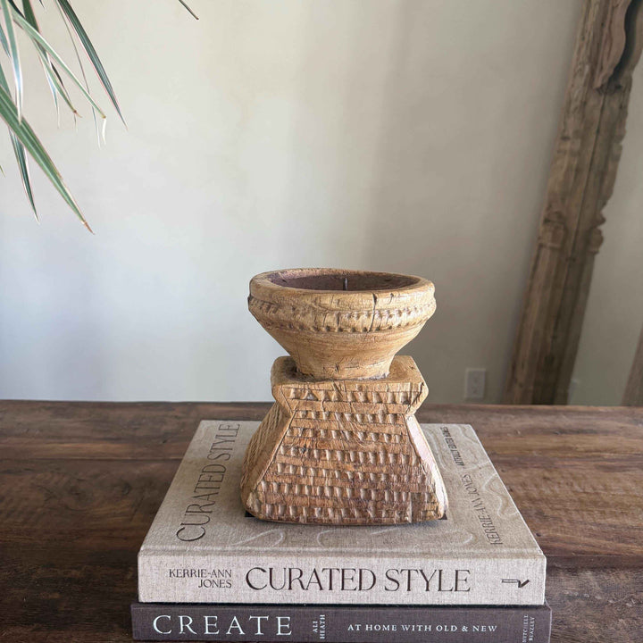 Vintage Teak Seeder Pillar Candle Holder | Hand-Carved Antique Farm Tool