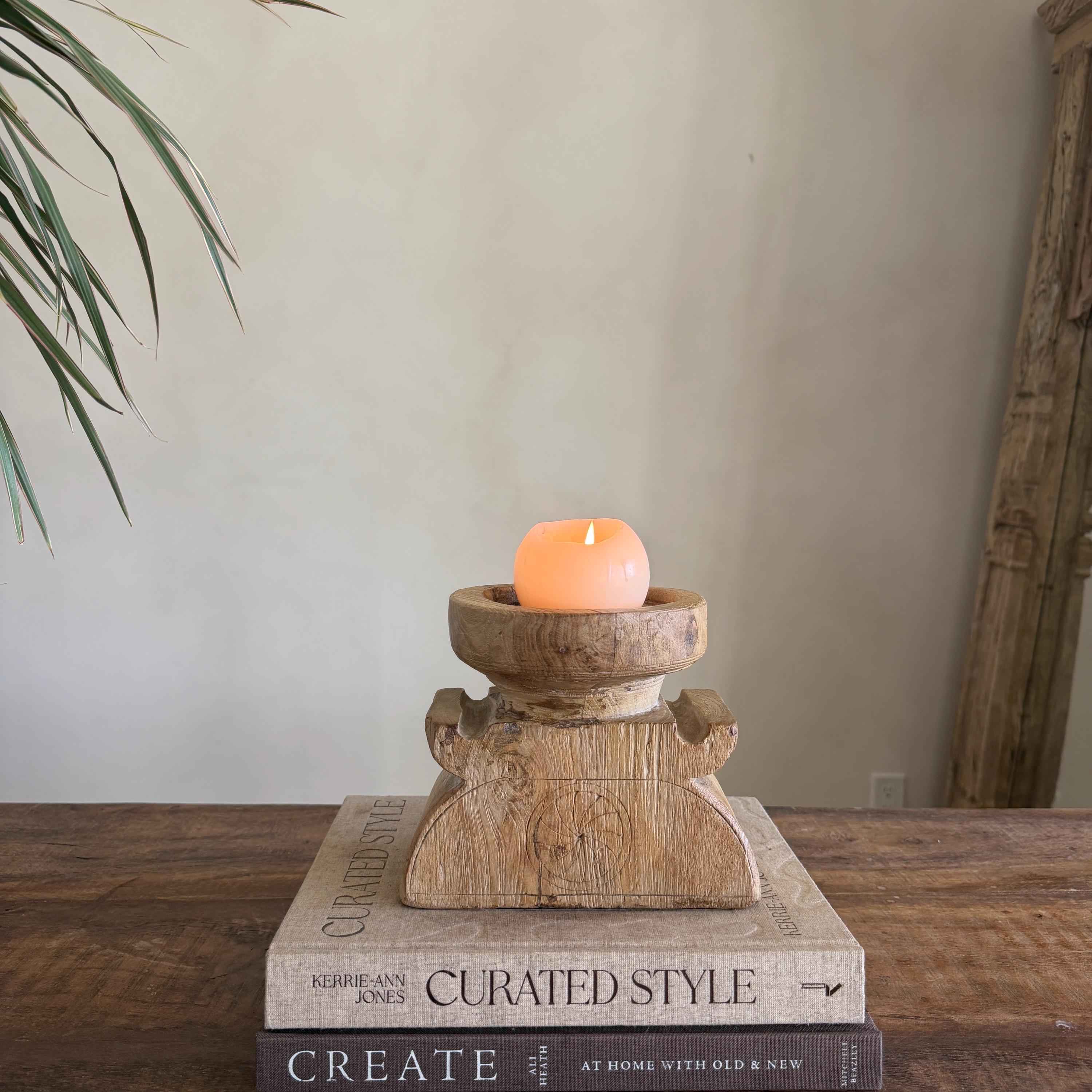 Vintage Teak Seeder Pillar Candle Holder | Hand-Carved Antique Farm Tool