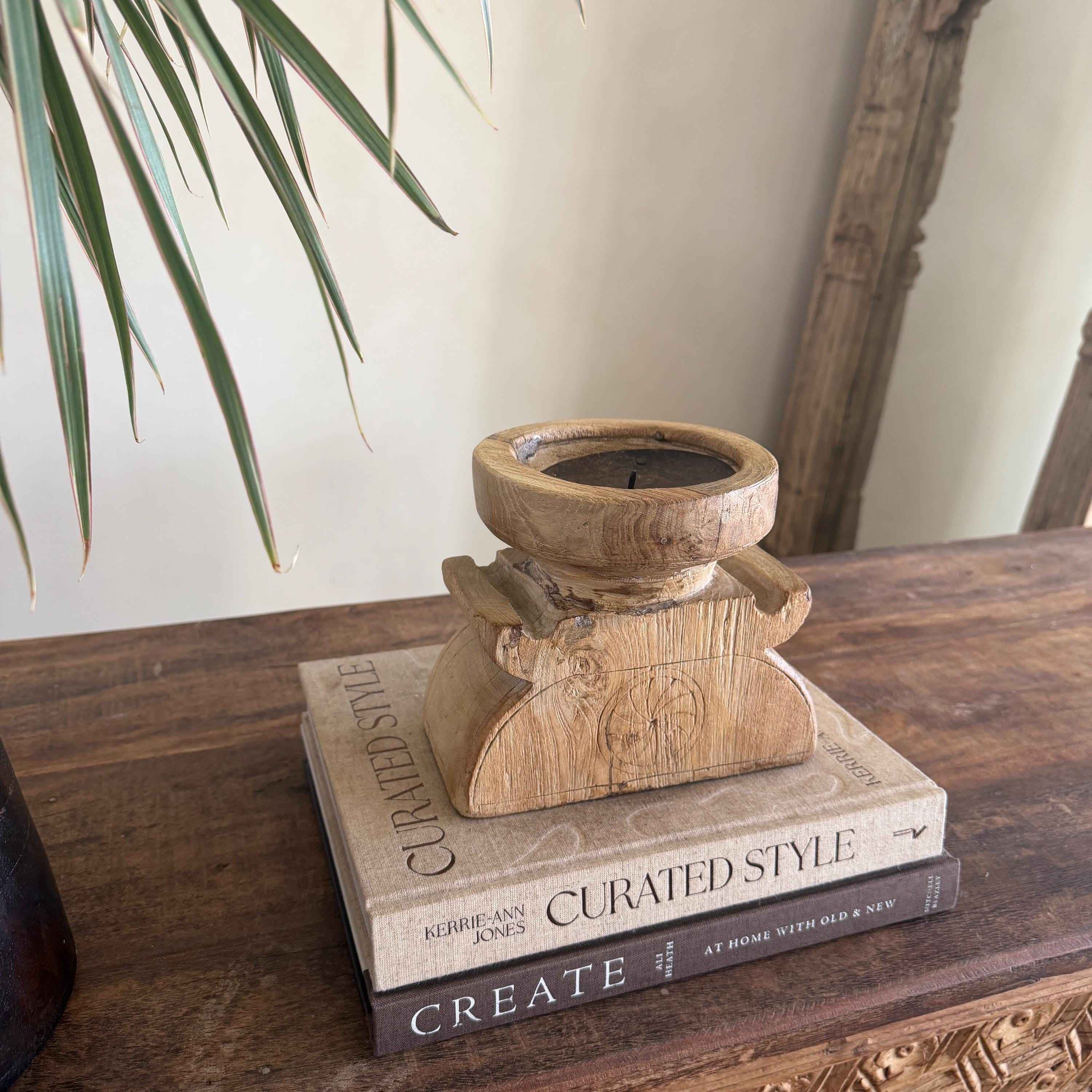 Vintage Teak Seeder Pillar Candle Holder | Hand-Carved Antique Farm Tool