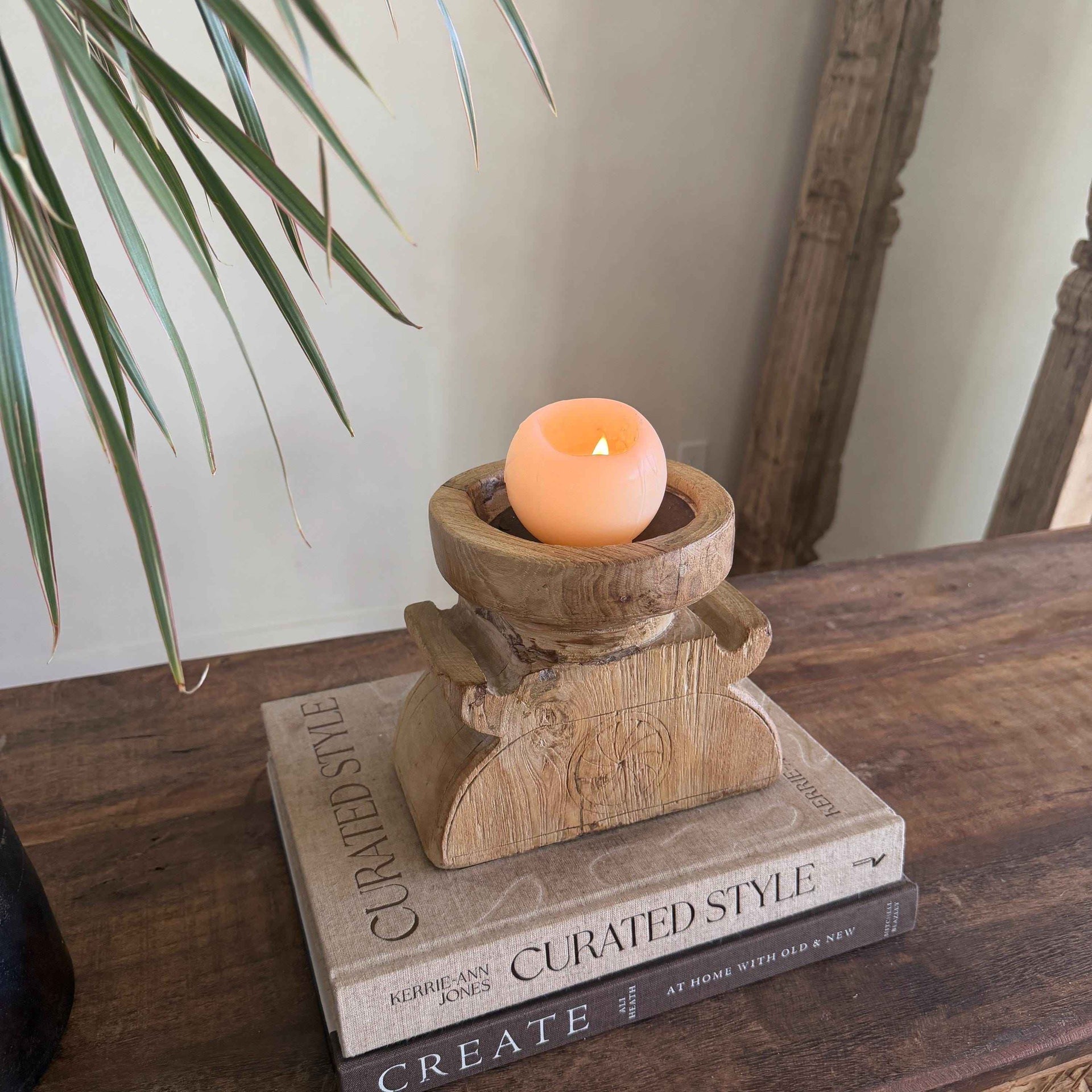 Vintage Teak Seeder Pillar Candle Holder | Hand-Carved Antique Farm Tool