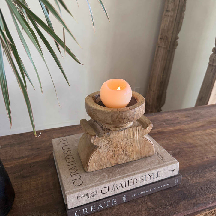Vintage Teak Seeder Pillar Candle Holder | Hand-Carved Antique Farm Tool