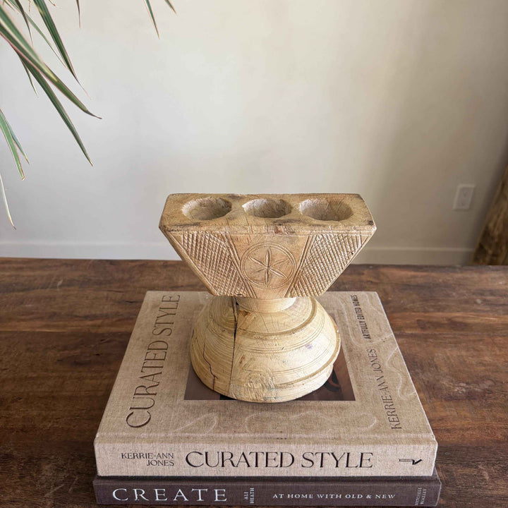 Vintage Teak Seeder Pillar Candle Holder | Hand-Carved Antique Farm Tool