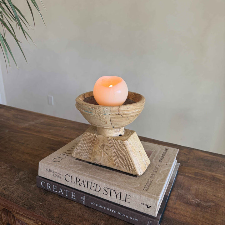 Vintage Teak Seeder Pillar Candle Holder | Hand-Carved Antique Farm Tool