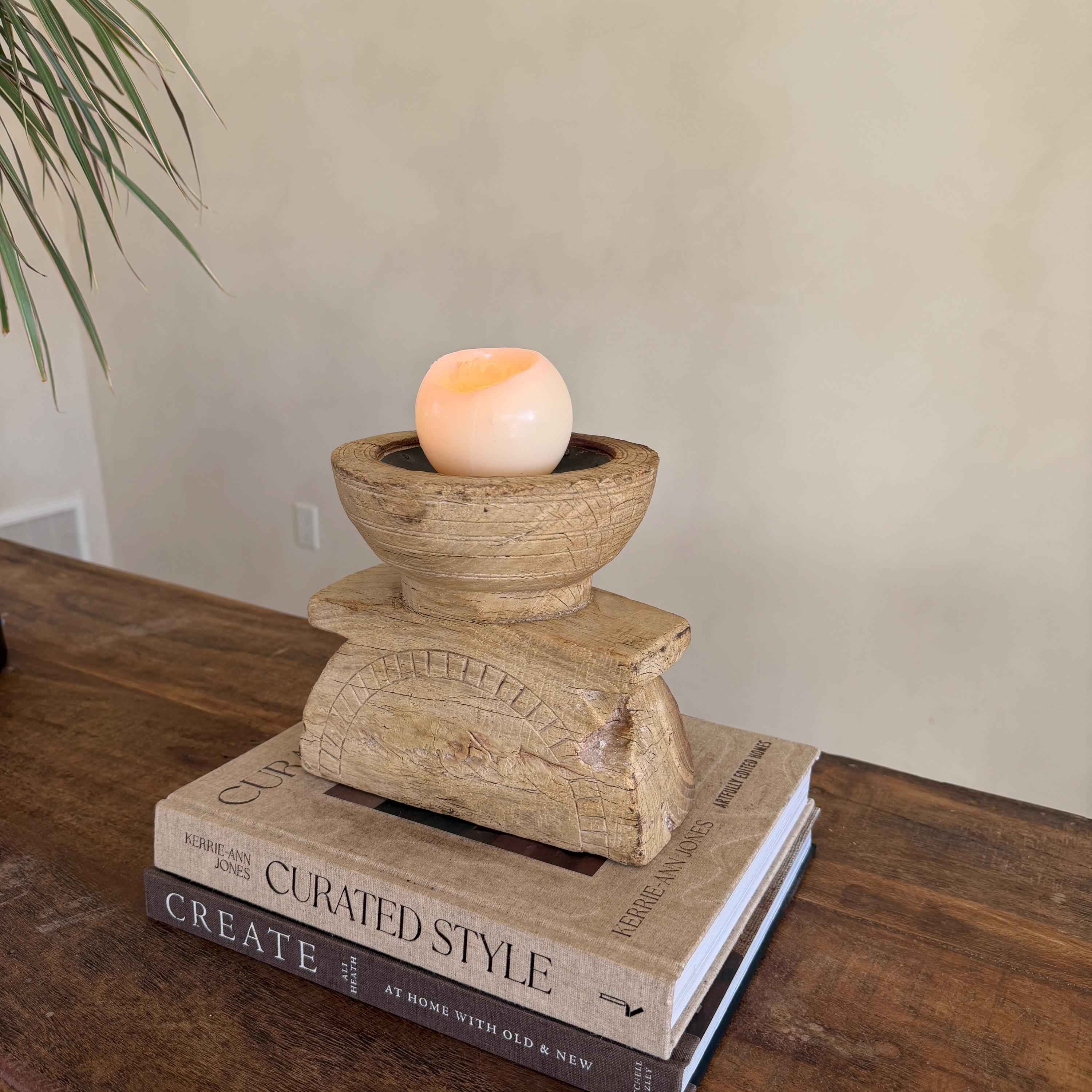 Vintage Teak Seeder Pillar Candle Holder | Hand-Carved Antique Farm Tool