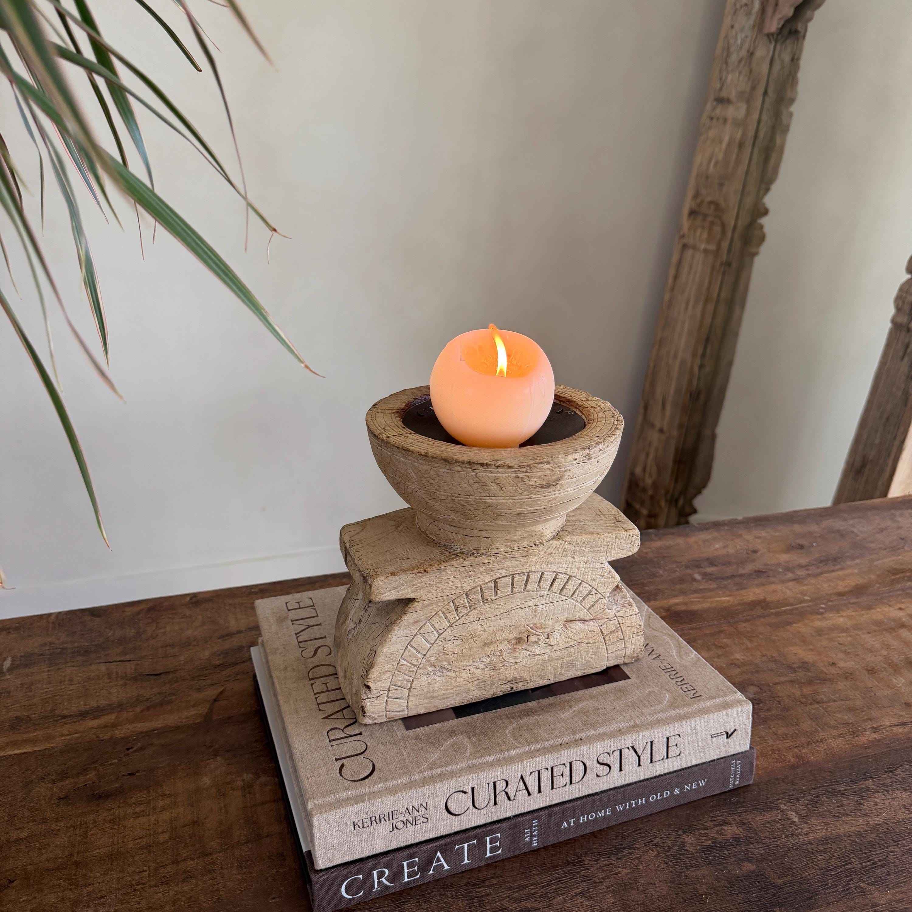 Vintage Teak Seeder Pillar Candle Holder | Hand-Carved Antique Farm Tool