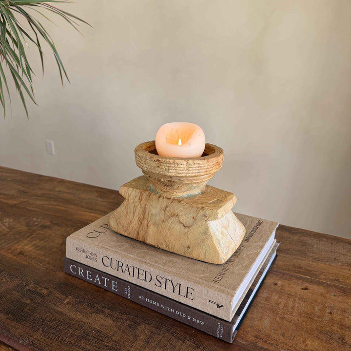 Vintage Teak Seeder Pillar Candle Holder | Hand-Carved Antique Farm Tool