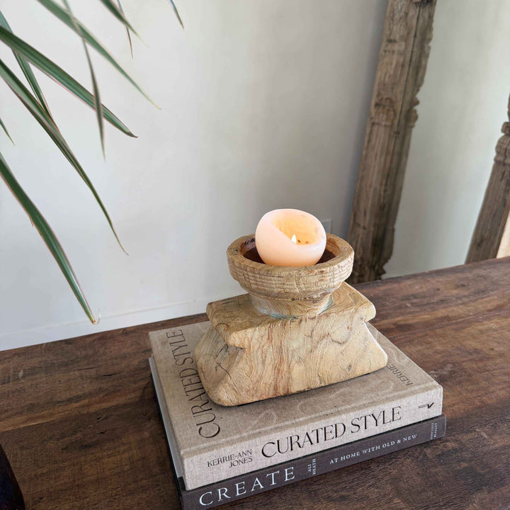 Vintage Teak Seeder Pillar Candle Holder | Hand-Carved Antique Farm Tool