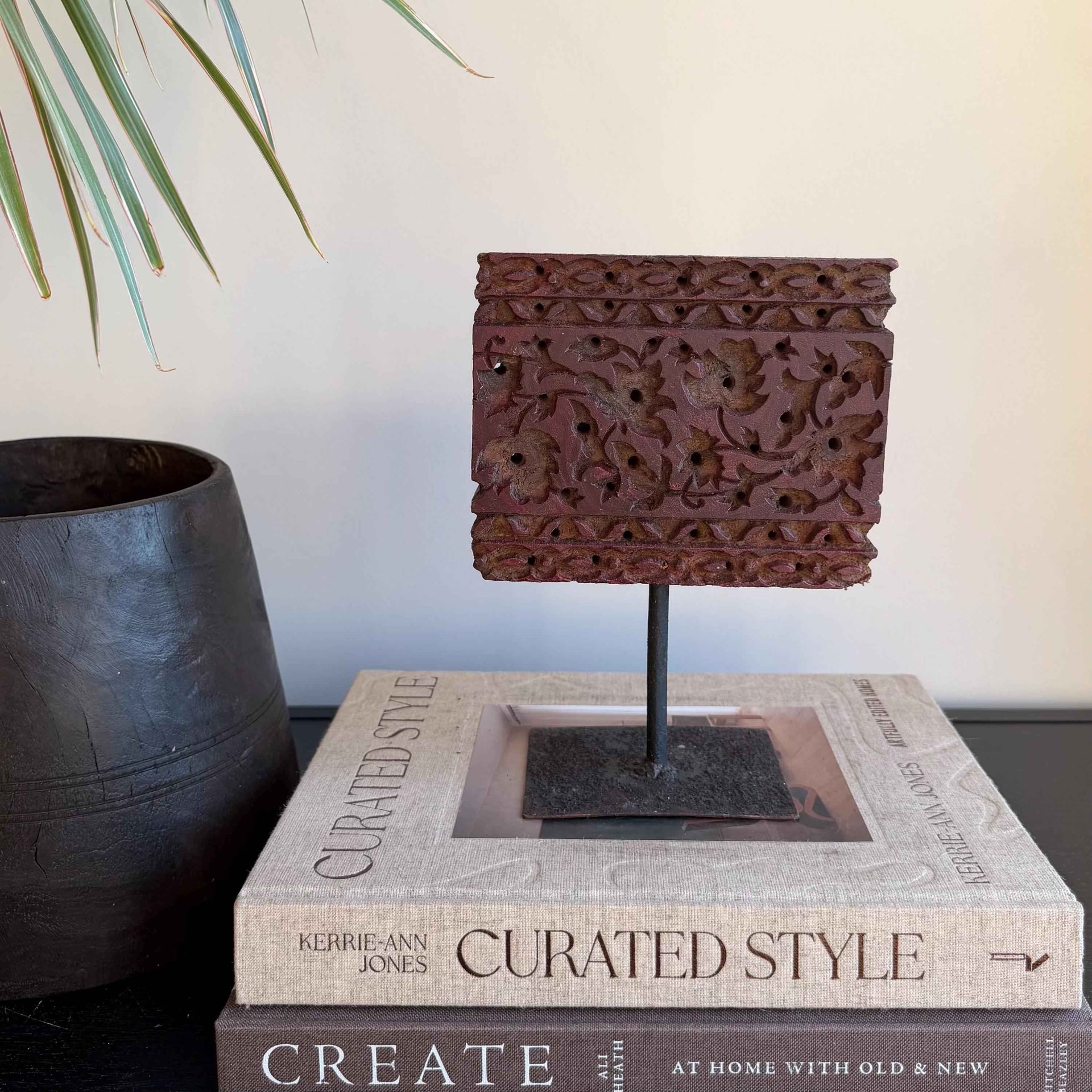 Vintage Wooden Printing Stamp on Iron Stand, Fabric/Textile Print Tool