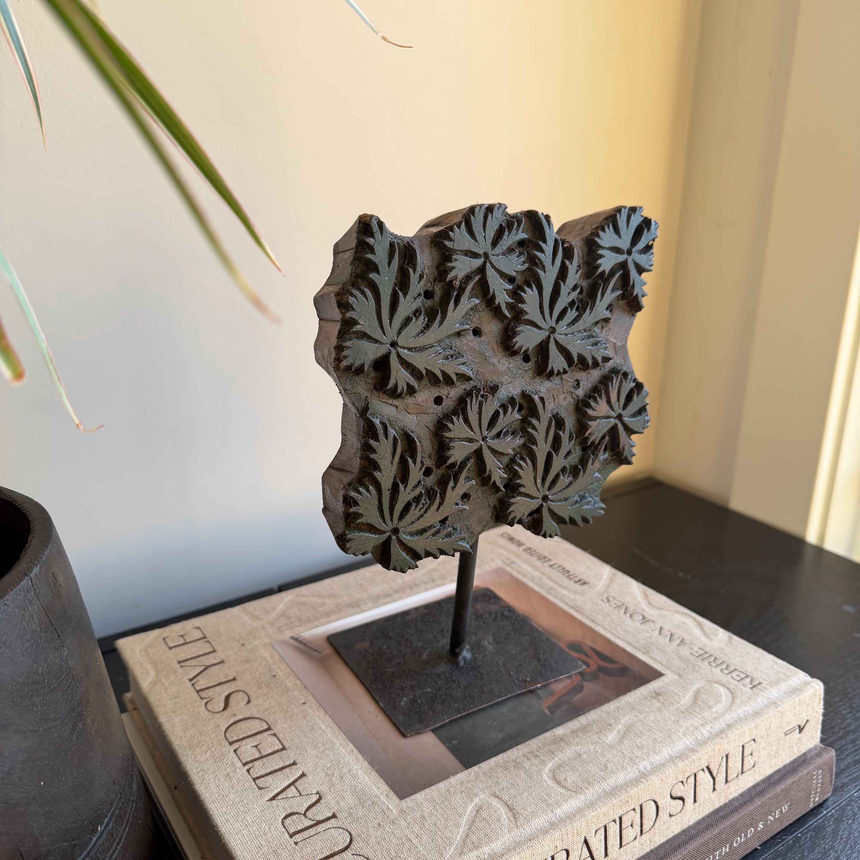 Vintage Wooden Printing Stamp on Iron Stand, Fabric/Textile Print Tool