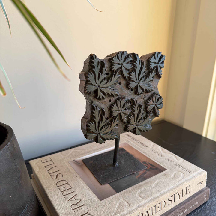 Vintage Wooden Printing Stamp on Iron Stand, Fabric/Textile Print Tool