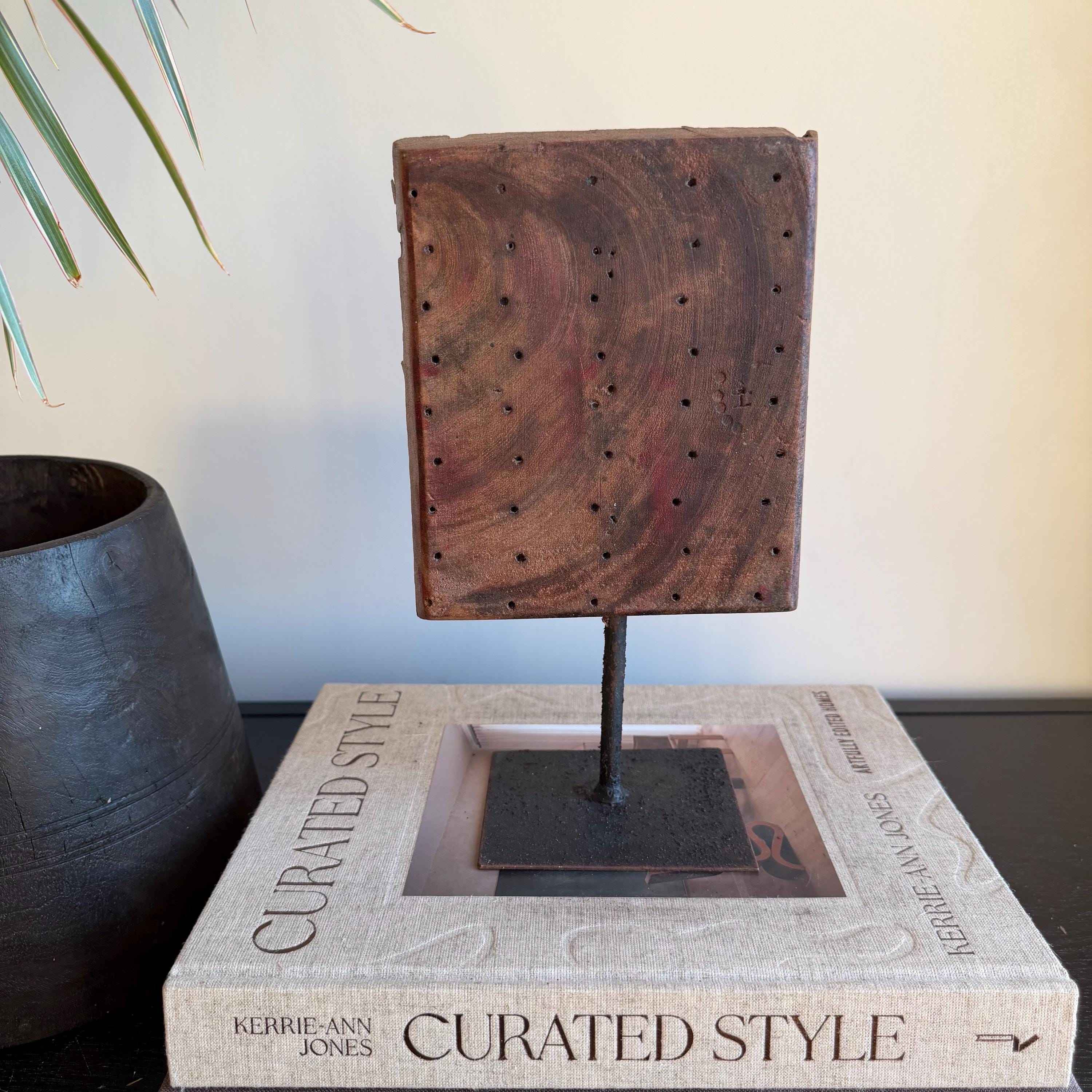 Vintage Wooden Printing Stamp on Iron Stand, Fabric/Textile Print Tool