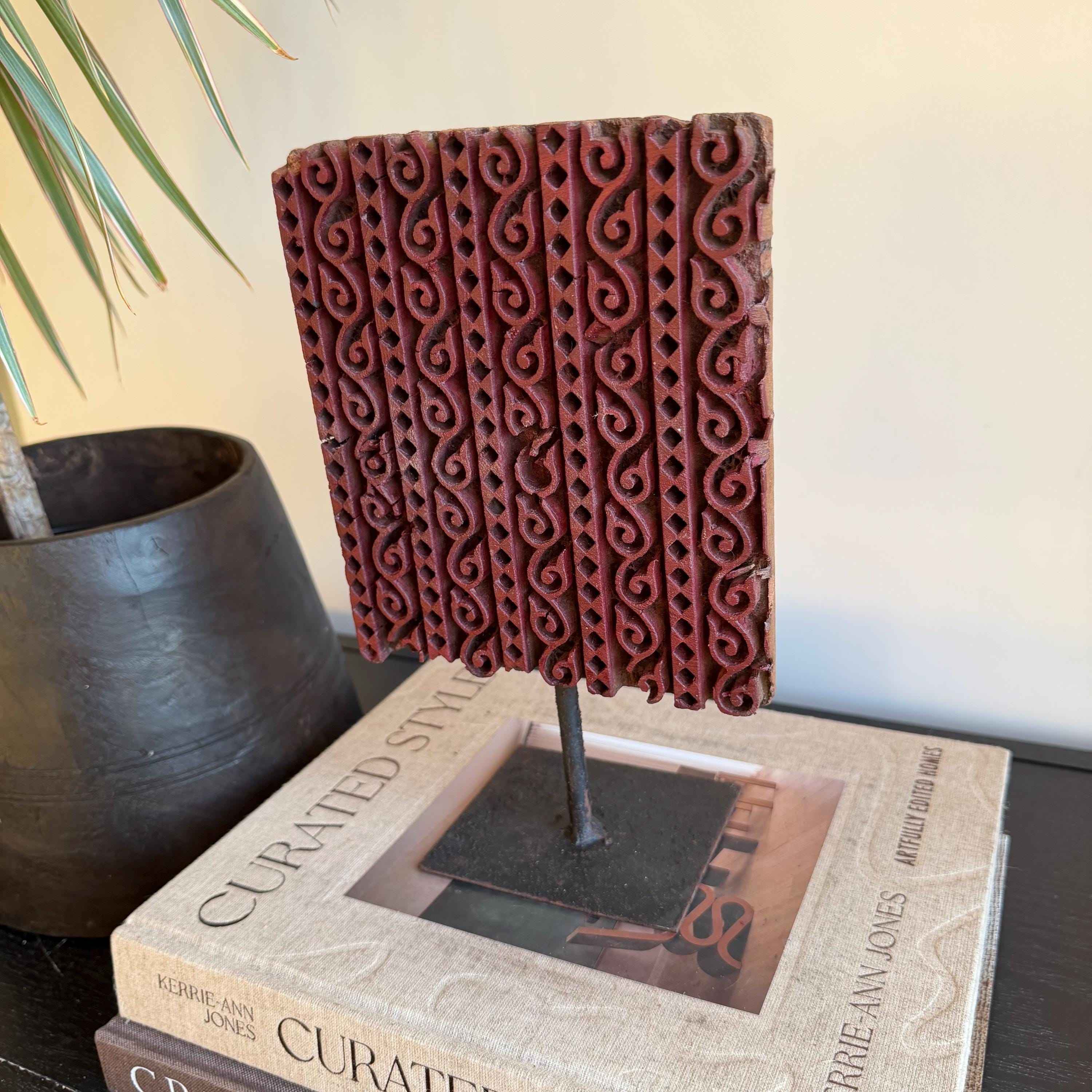 Vintage Wooden Printing Stamp on Iron Stand, Fabric/Textile Print Tool