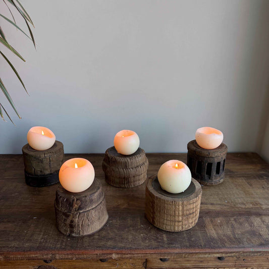 Vintage Wooden Wheel Candle Holder - Small
