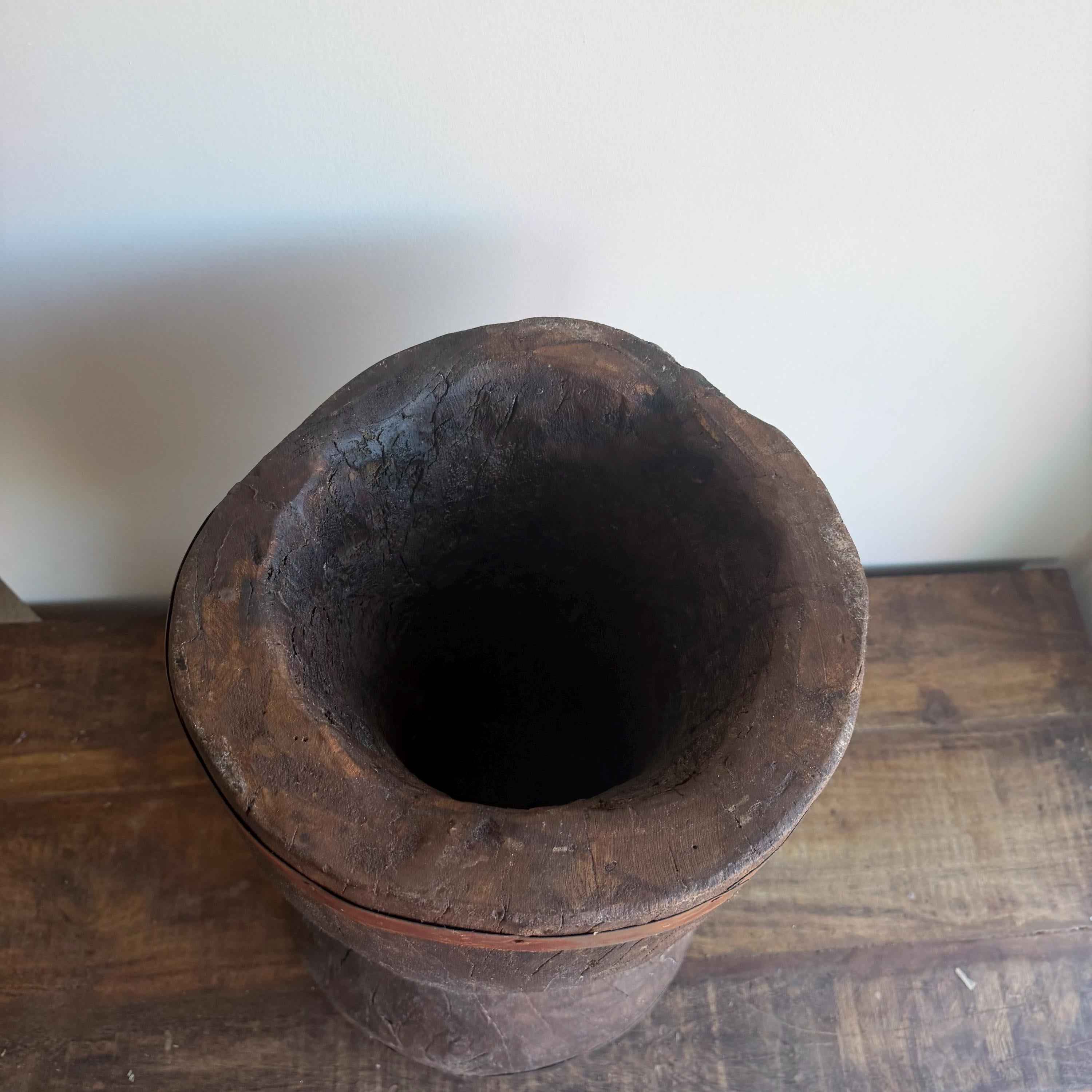 Antique Wooden Ukhali Planter 19" | Rustic Side Table