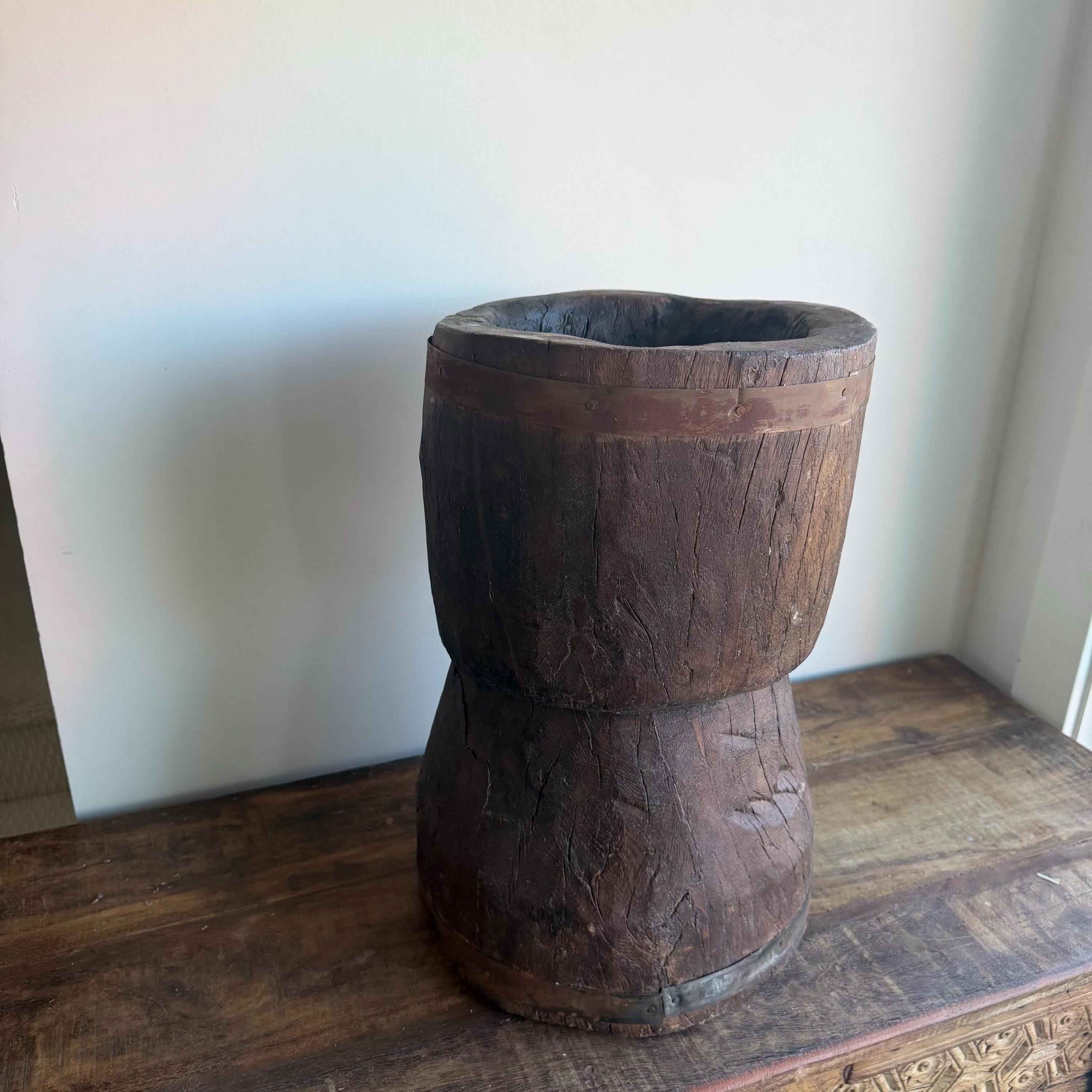 Antique Wooden Ukhali Planter 19" | Rustic Side Table