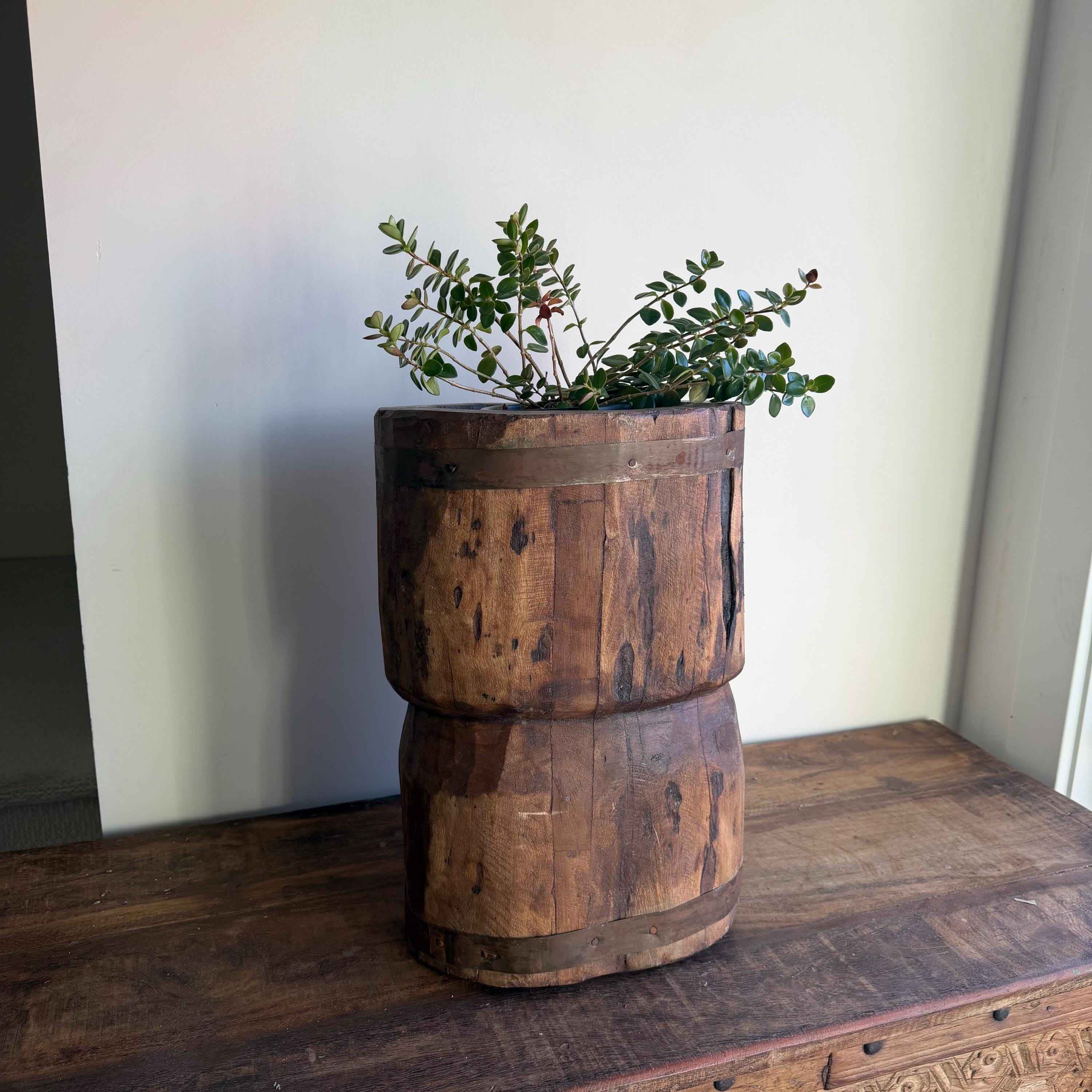 Antique Wooden Ukhali Planter 17" | Rustic Side Table