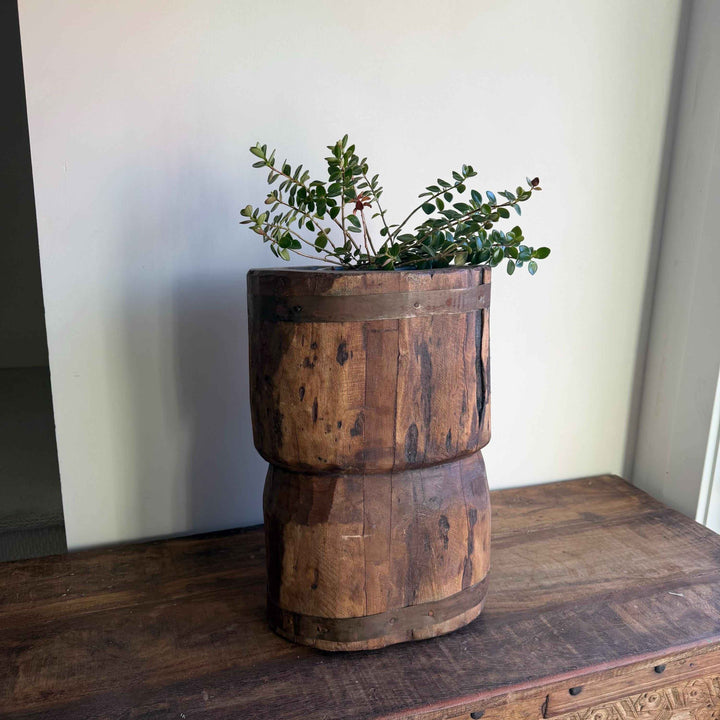 Antique Wooden Ukhali Planter 17" | Rustic Side Table