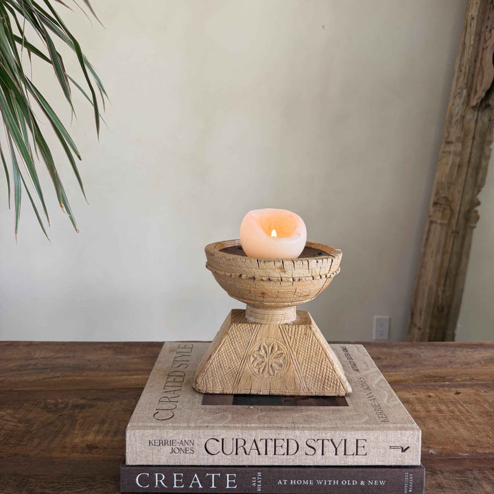 Vintage Teak Seeder Pillar Candle Holder | Hand-Carved Antique Farm Tool