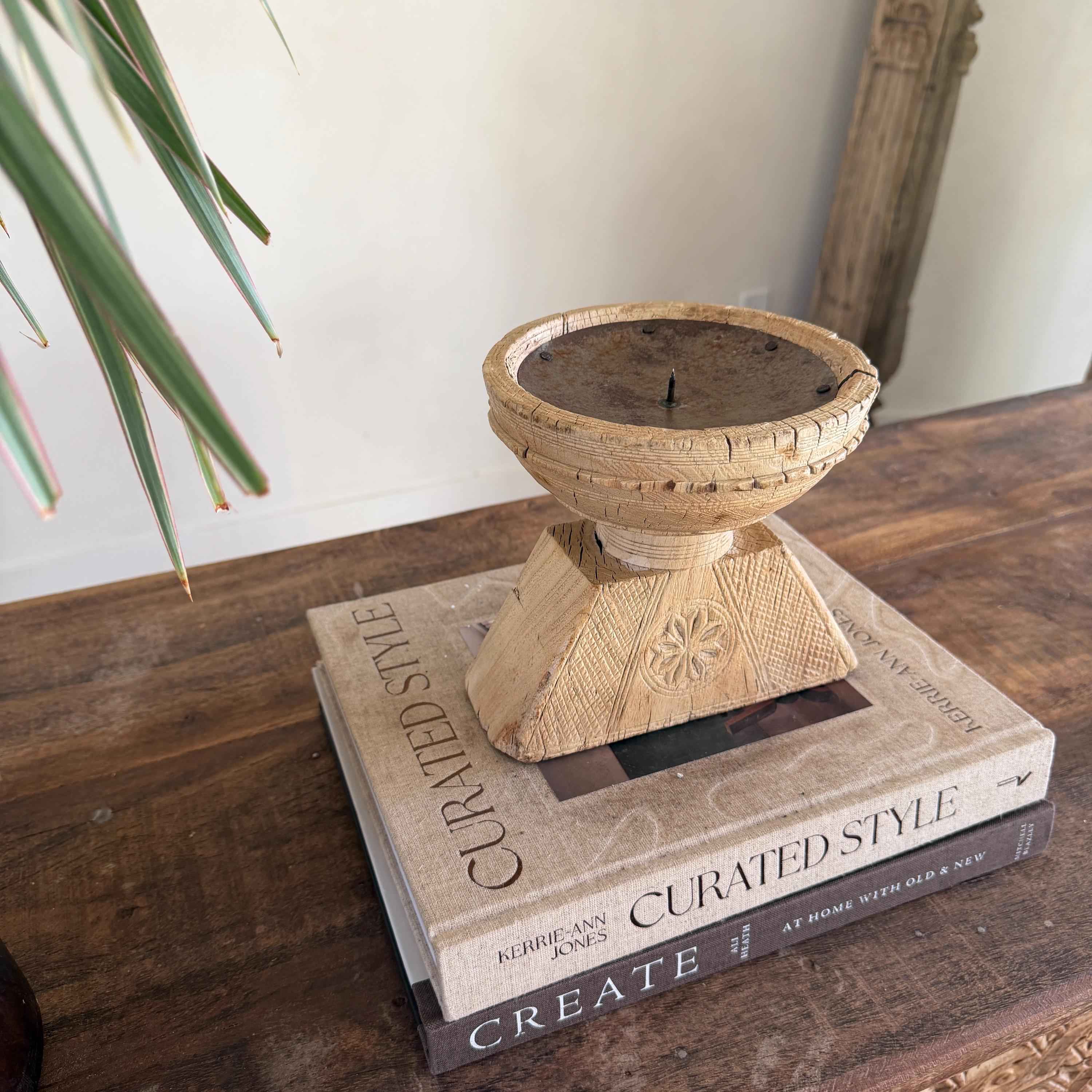 Vintage Teak Seeder Pillar Candle Holder | Hand-Carved Antique Farm Tool